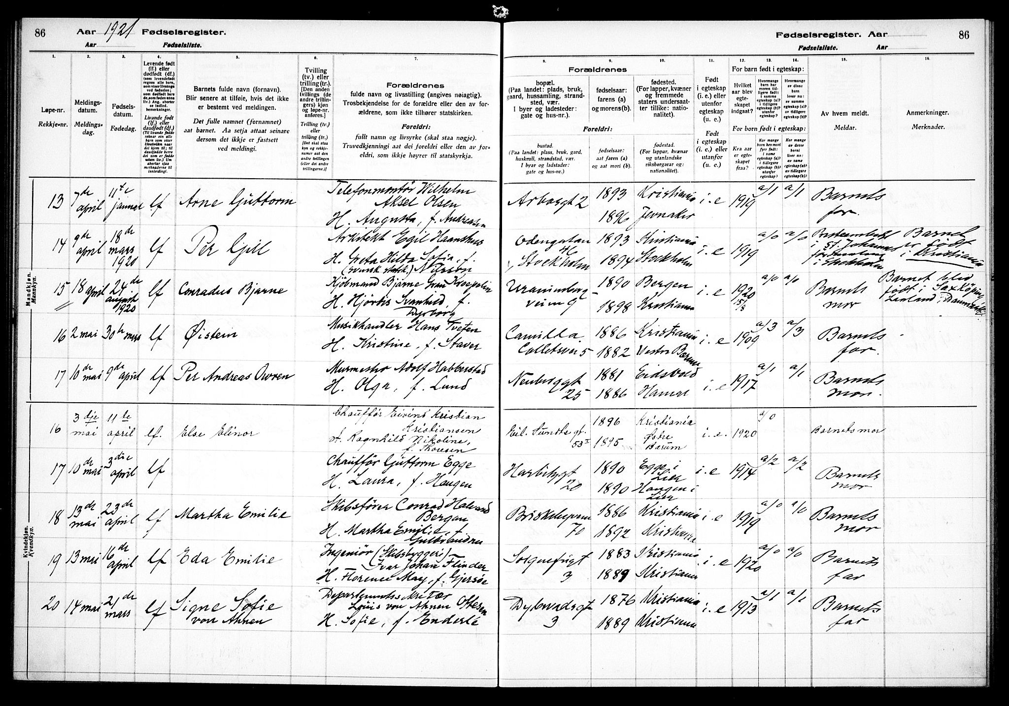 Uranienborg prestekontor Kirkebøker, AV/SAO-A-10877/J/Ja/L0001: Fødselsregister nr. 1, 1916-1930, s. 86