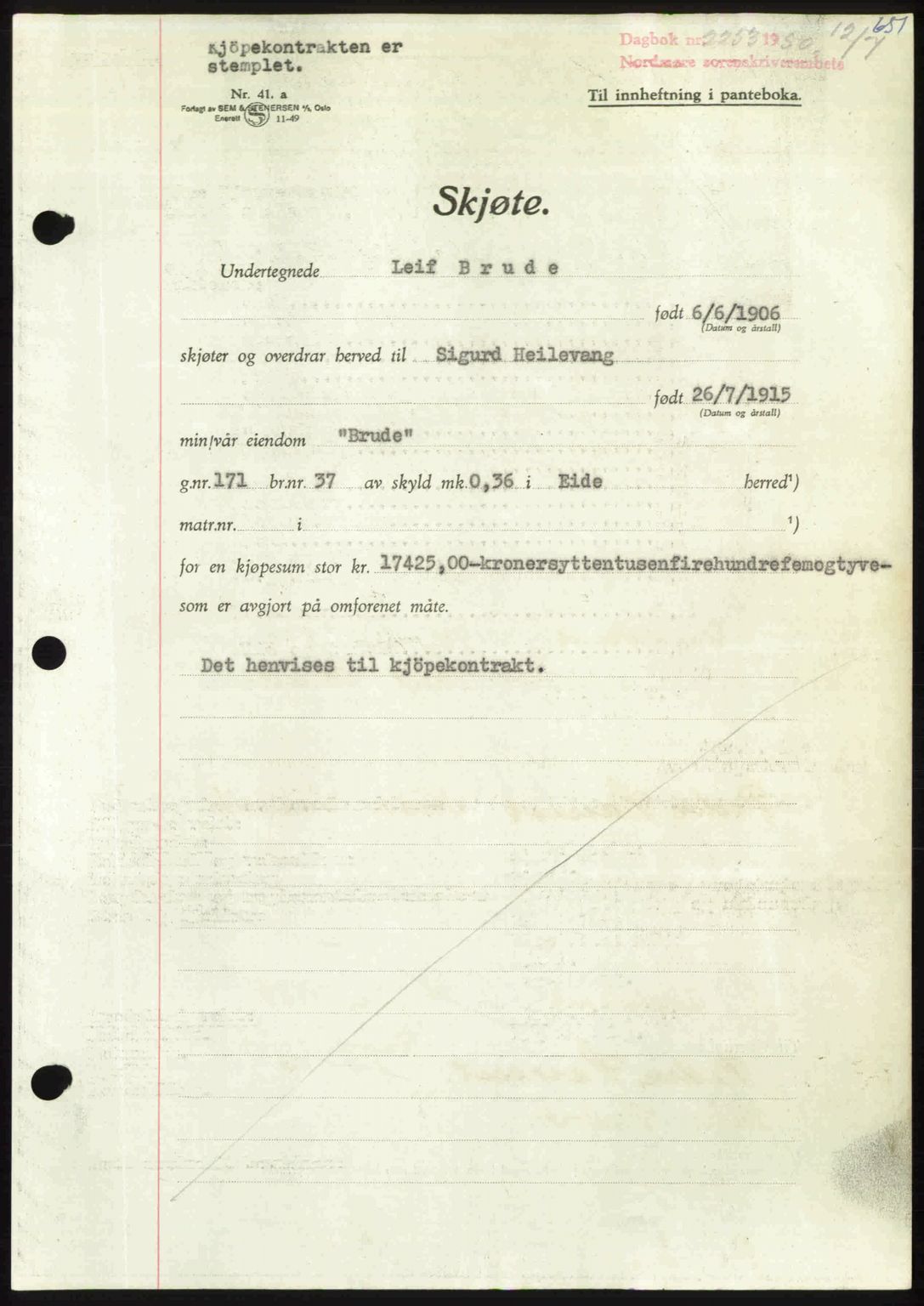 Nordmøre sorenskriveri, SAT/A-4132/1/2/2Ca: Pantebok nr. A115, 1950-1950, Dagboknr: 2253/1950