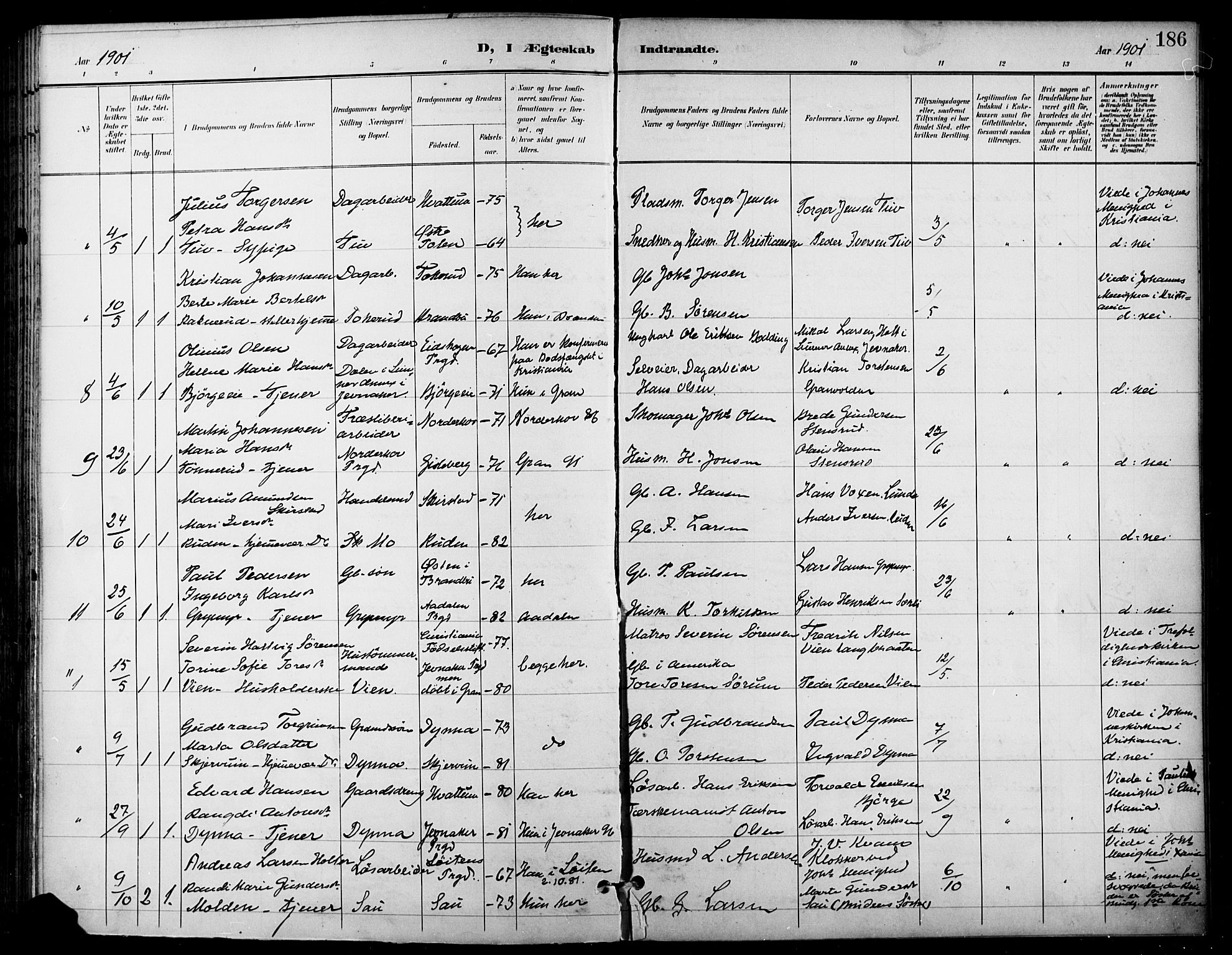 Gran prestekontor, AV/SAH-PREST-112/H/Ha/Haa/L0019: Ministerialbok nr. 19, 1898-1907, s. 186