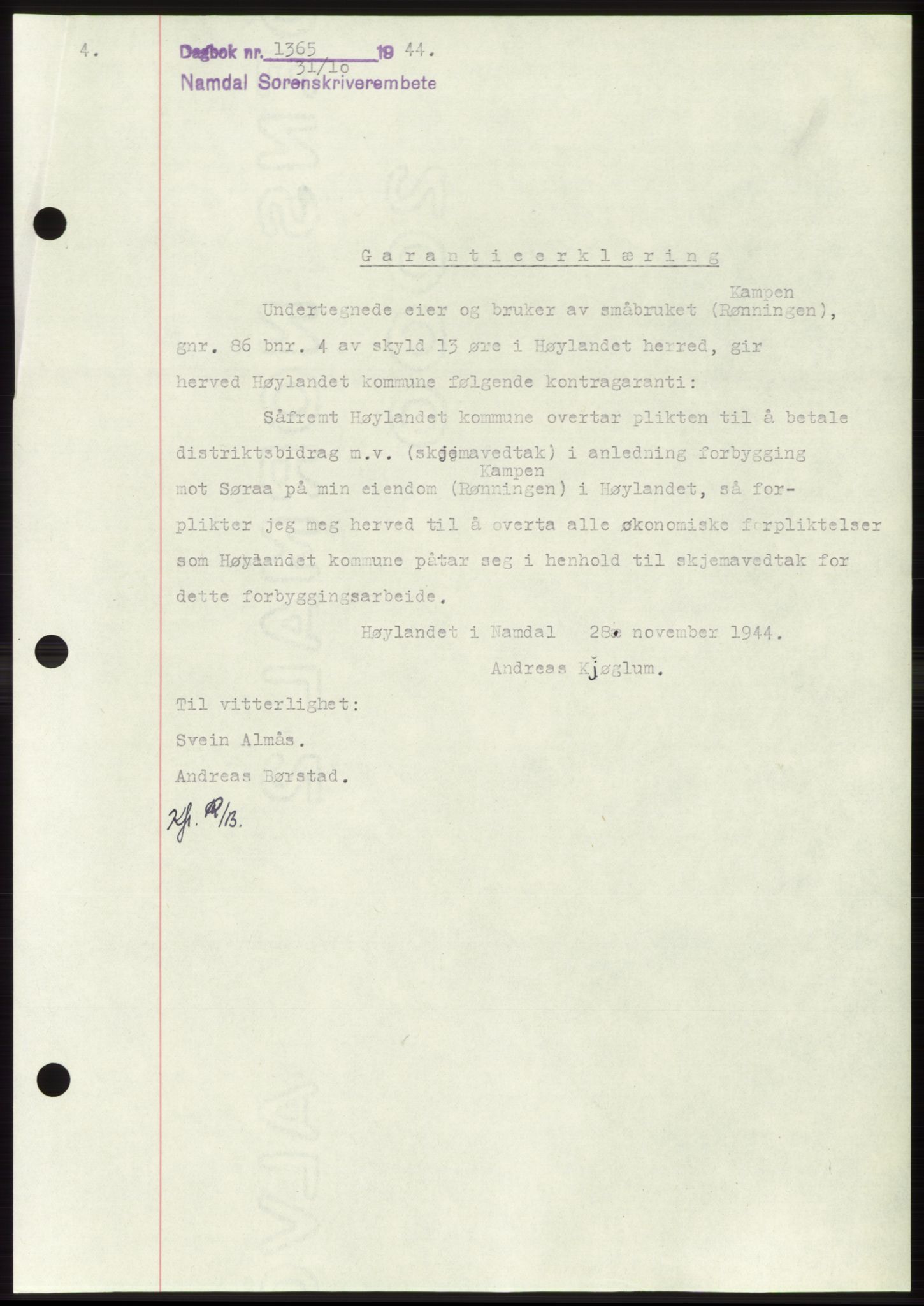 Namdal sorenskriveri, SAT/A-4133/1/2/2C: Pantebok nr. -, 1944-1945, Dagboknr: 1365/1944