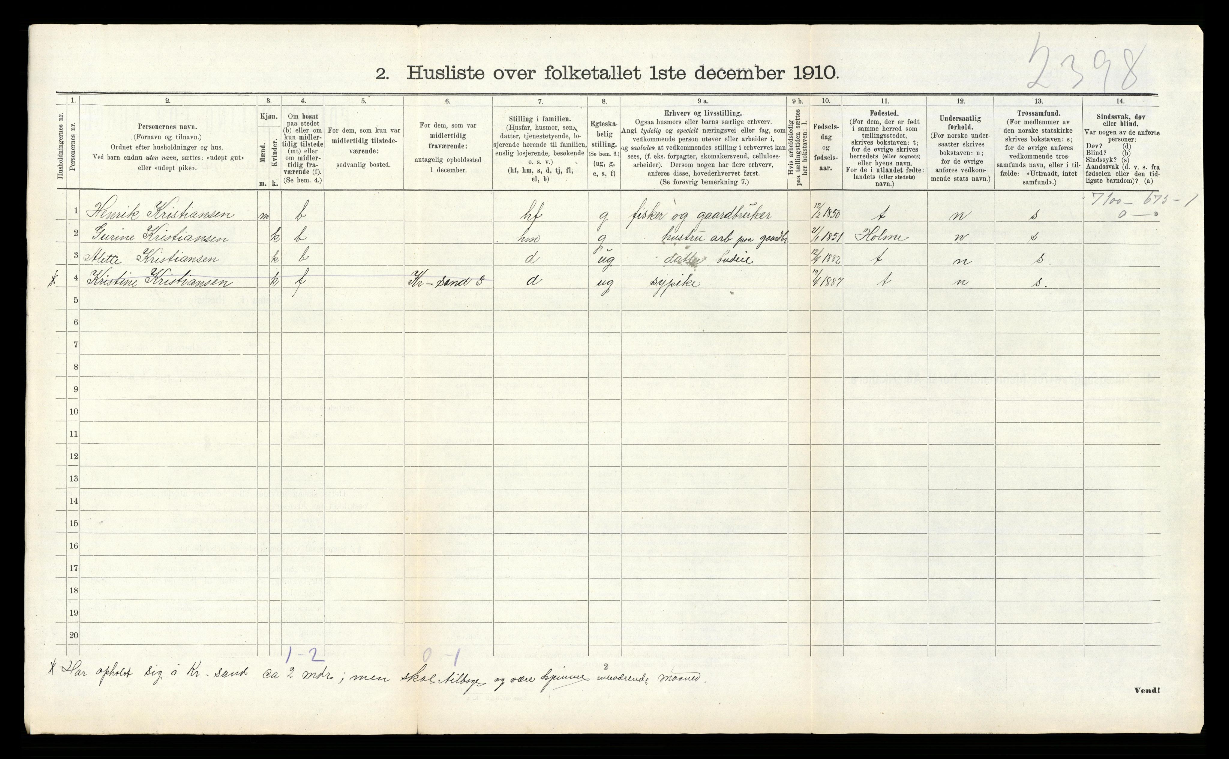 RA, Folketelling 1910 for 1018 Søgne herred, 1910, s. 1067