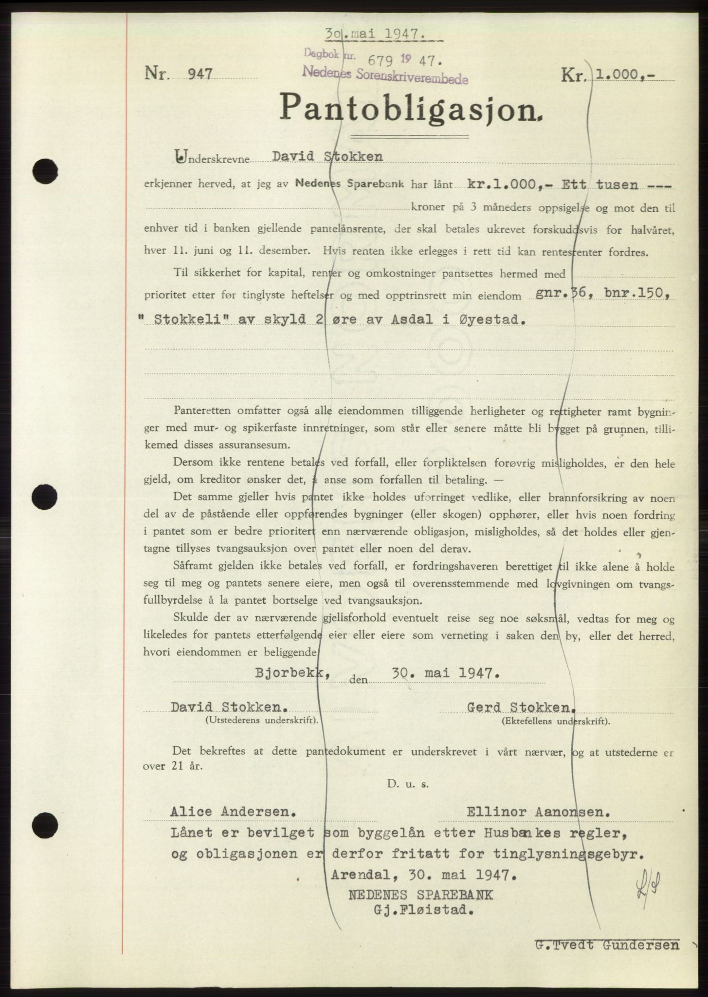 Nedenes sorenskriveri, SAK/1221-0006/G/Gb/Gbb/L0004: Pantebok nr. B4, 1947-1947, Dagboknr: 679/1947