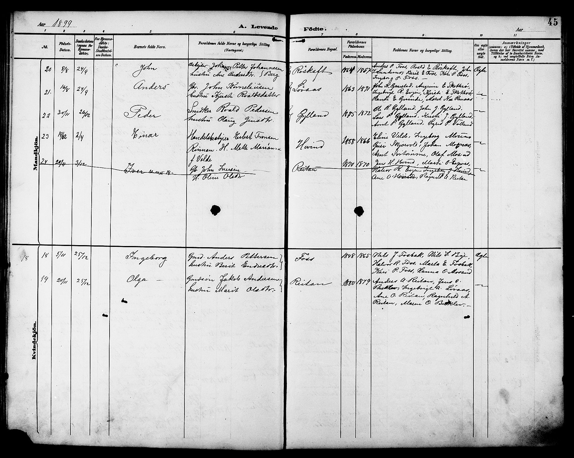 Ministerialprotokoller, klokkerbøker og fødselsregistre - Sør-Trøndelag, AV/SAT-A-1456/692/L1111: Klokkerbok nr. 692C06, 1890-1904, s. 45