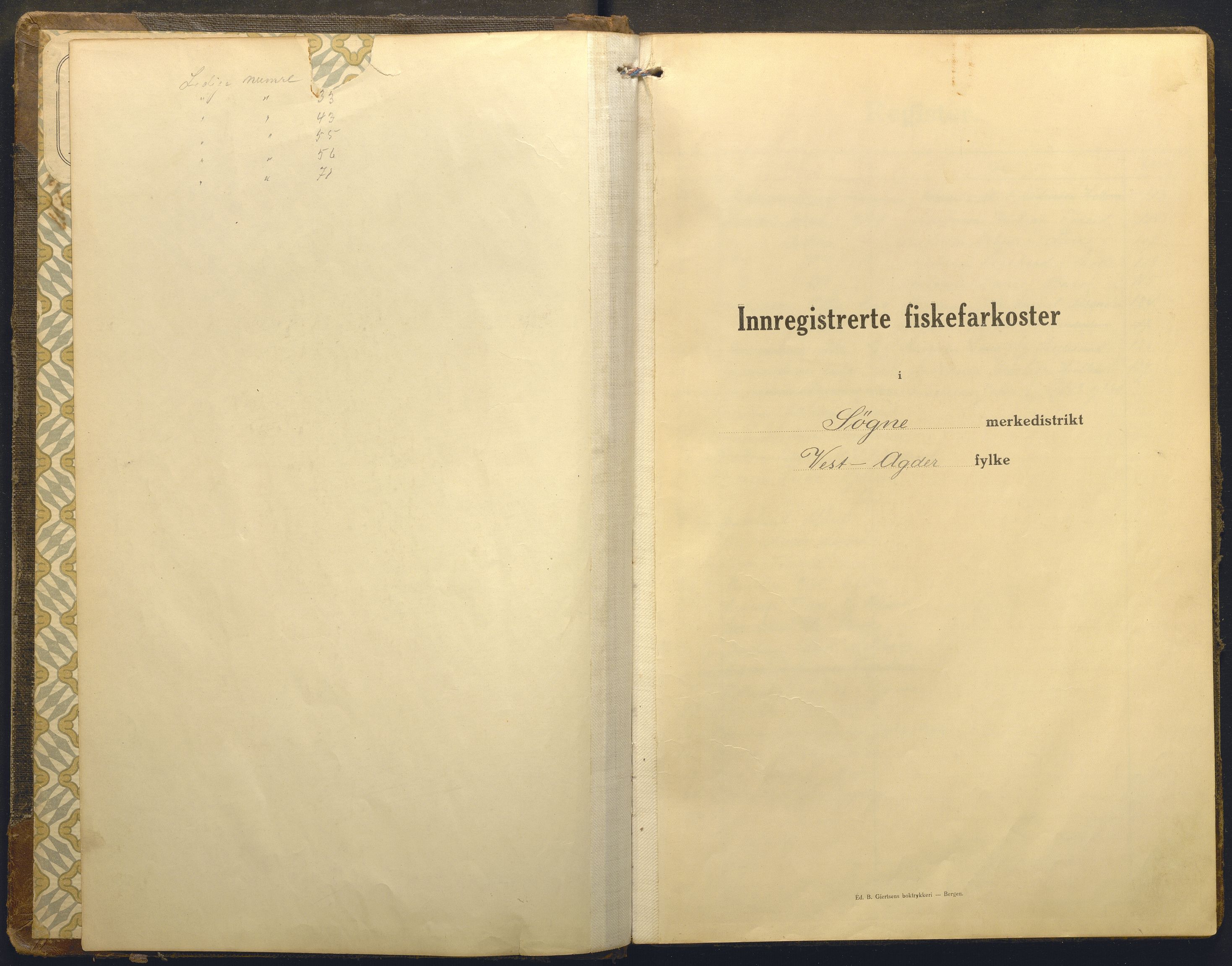 Fiskeridirektoratet - 1 Adm. ledelse - 13 Båtkontoret, AV/SAB-A-2003/I/Ia/Iaj/L0044: 135.1019/1 Merkeprotokoll - Søgne, 1920-1951