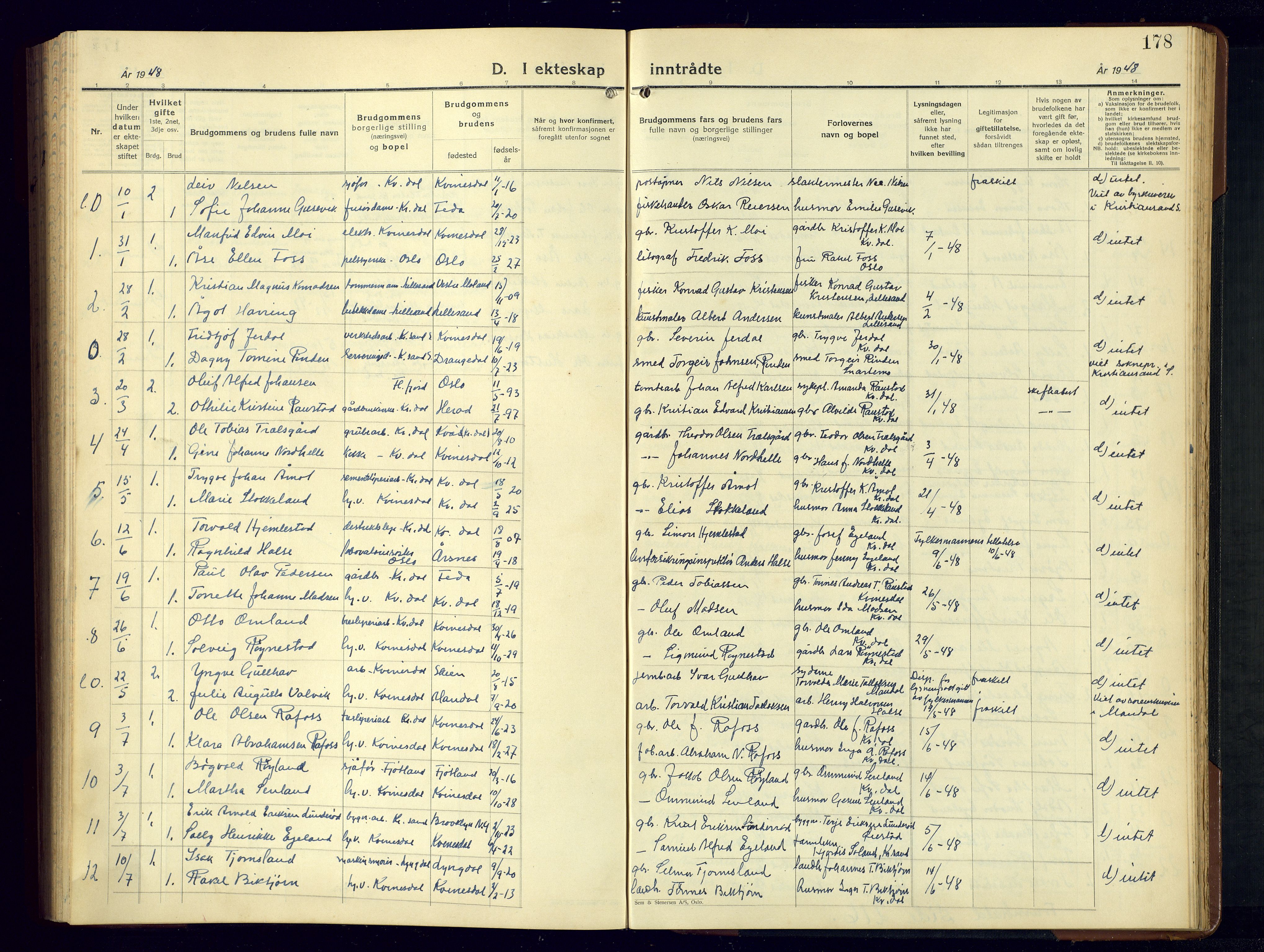 Kvinesdal sokneprestkontor, AV/SAK-1111-0026/F/Fb/Fbb/L0005: Klokkerbok nr. B 5, 1939-1956, s. 178