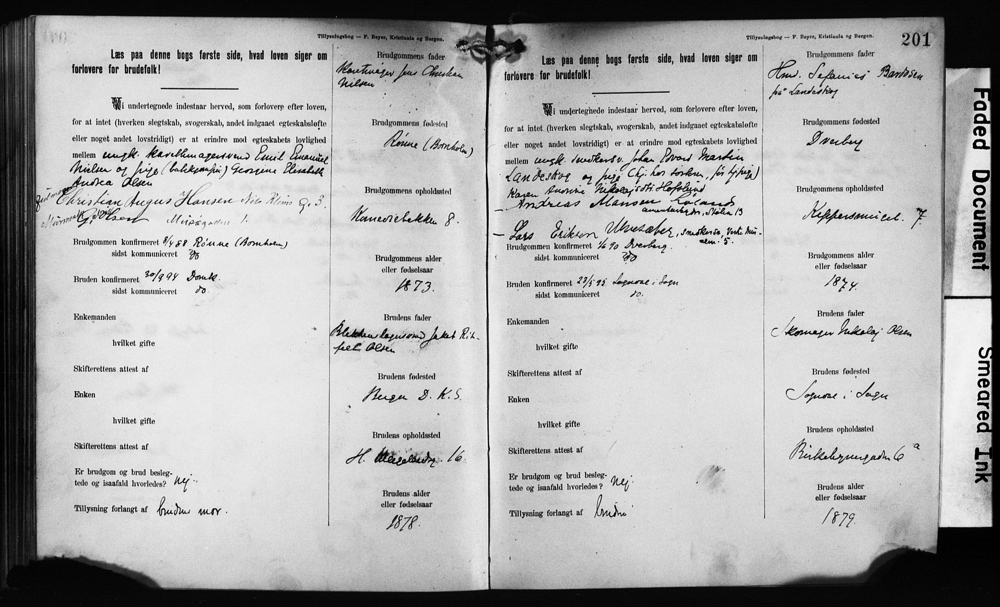 Mariakirken Sokneprestembete, SAB/A-76901: Forlovererklæringer nr. II.5.1, 1891-1901, s. 201