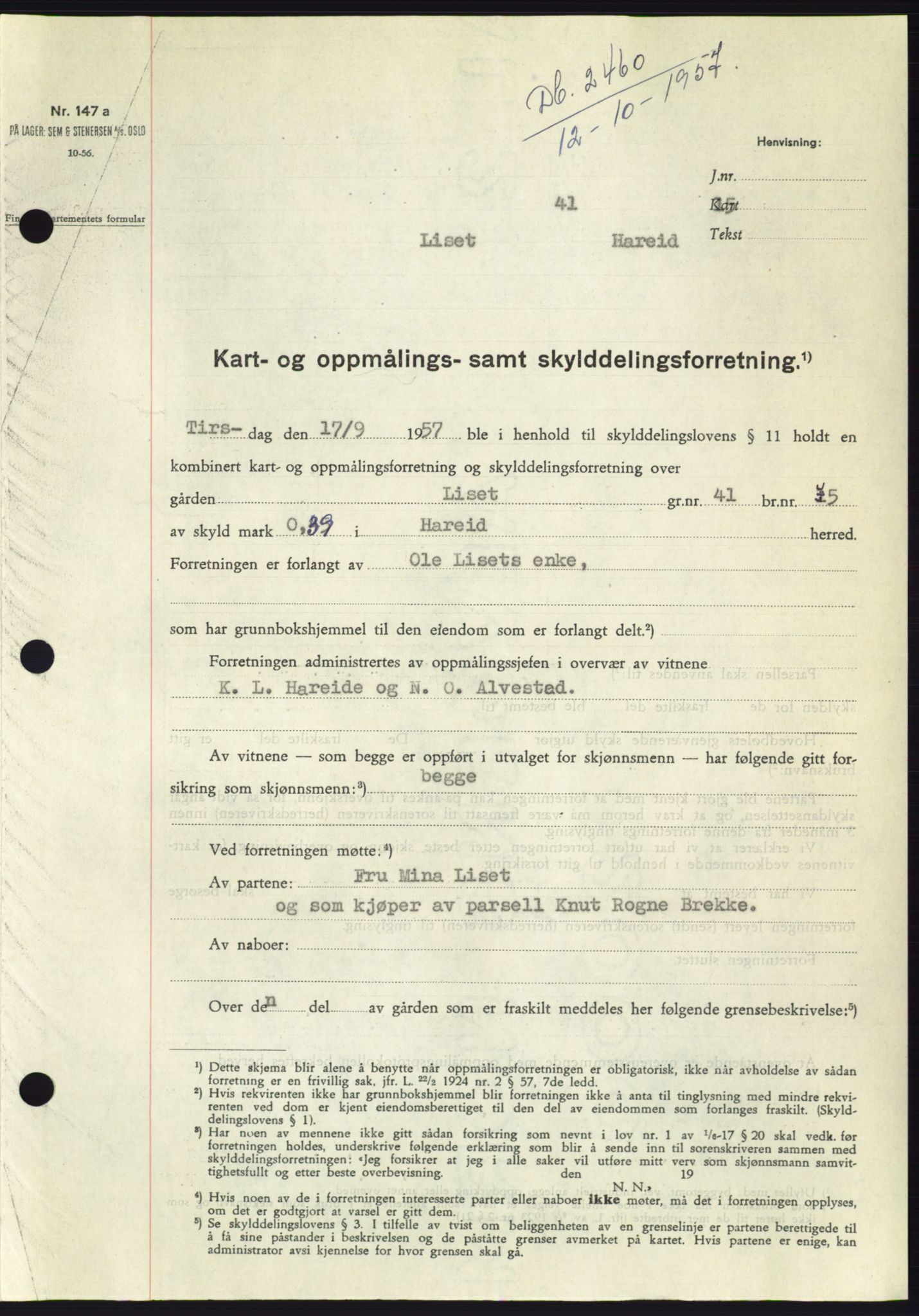 Søre Sunnmøre sorenskriveri, SAT/A-4122/1/2/2C/L0107: Pantebok nr. 33A, 1957-1957, Dagboknr: 2460/1957