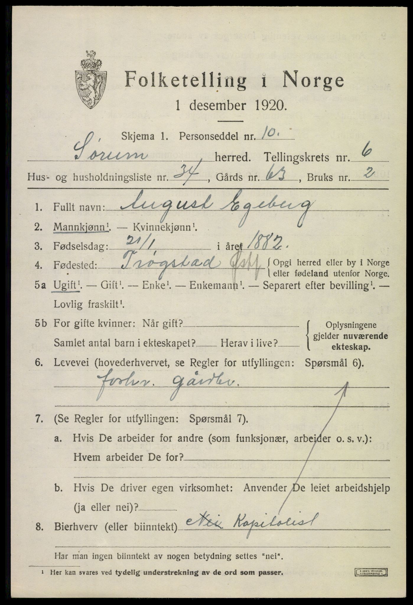 SAO, Folketelling 1920 for 0226 Sørum herred, 1920, s. 5905