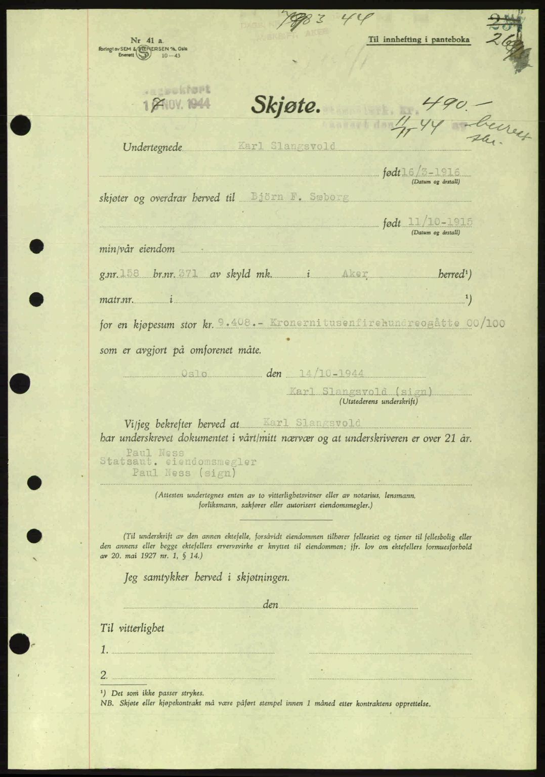 Aker herredsskriveri, SAO/A-10896/G/Gb/Gba/Gbab/L0063: Pantebok nr. A184-185, 1944-1945, Dagboknr: 7983/1944