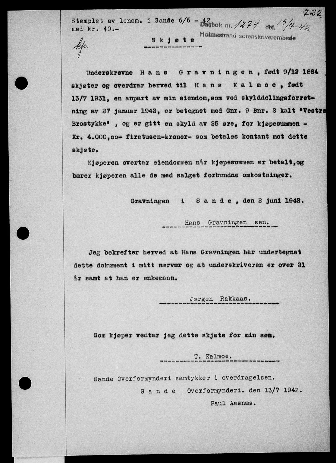 Holmestrand sorenskriveri, SAKO/A-67/G/Ga/Gaa/L0055: Pantebok nr. A-55, 1942-1942, Dagboknr: 1274/1942
