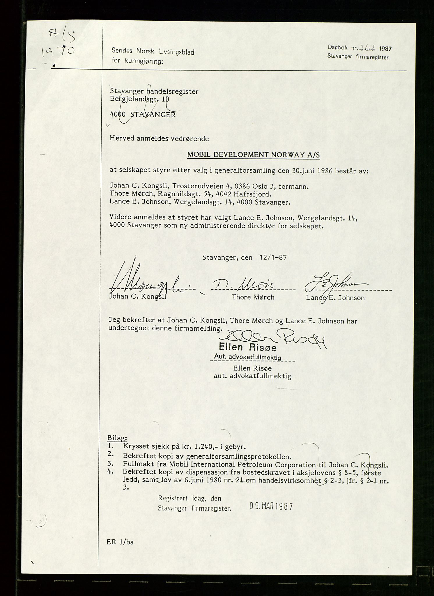 Pa 1578 - Mobil Exploration Norway Incorporated, AV/SAST-A-102024/7/A/Aa/L0001: Styreprotokoll og dokumenter, 1973-1998