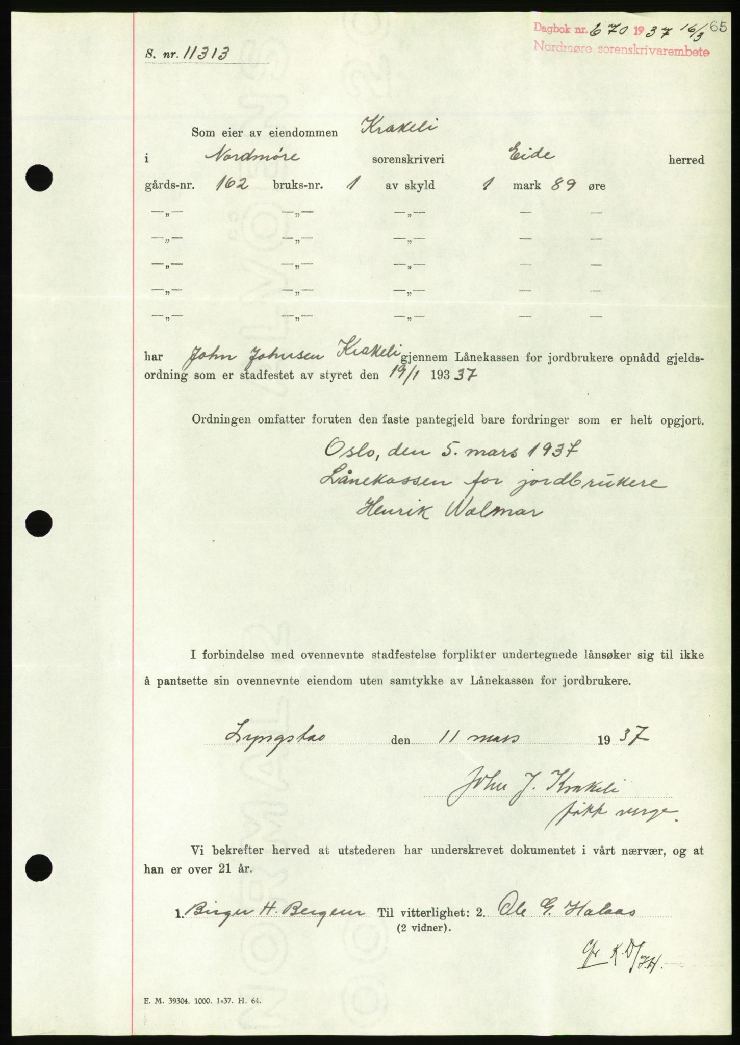 Nordmøre sorenskriveri, AV/SAT-A-4132/1/2/2Ca/L0091: Pantebok nr. B81, 1937-1937, Dagboknr: 670/1937