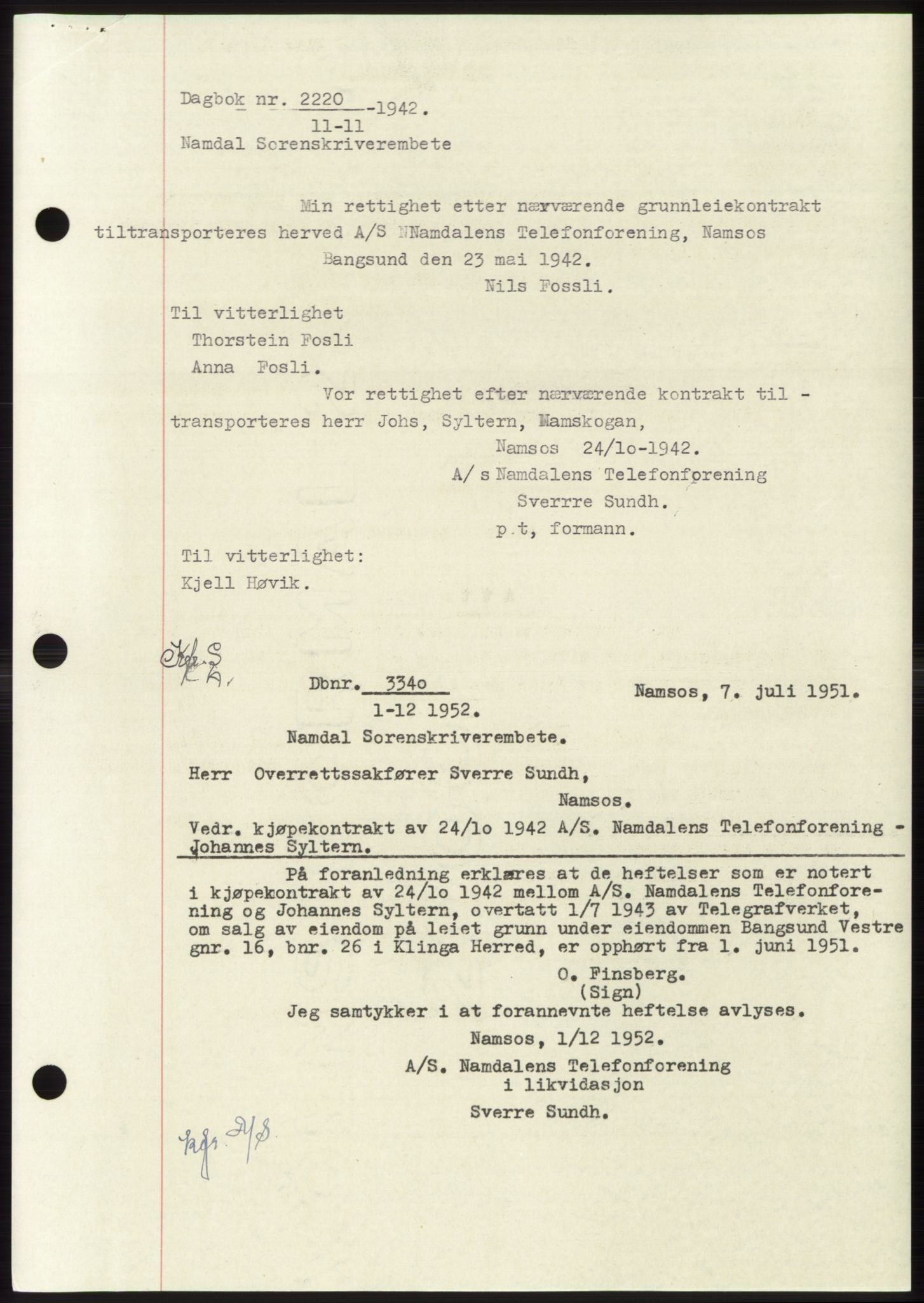 Namdal sorenskriveri, SAT/A-4133/1/2/2C: Pantebok nr. -, 1942-1943, Dagboknr: 2220/1942
