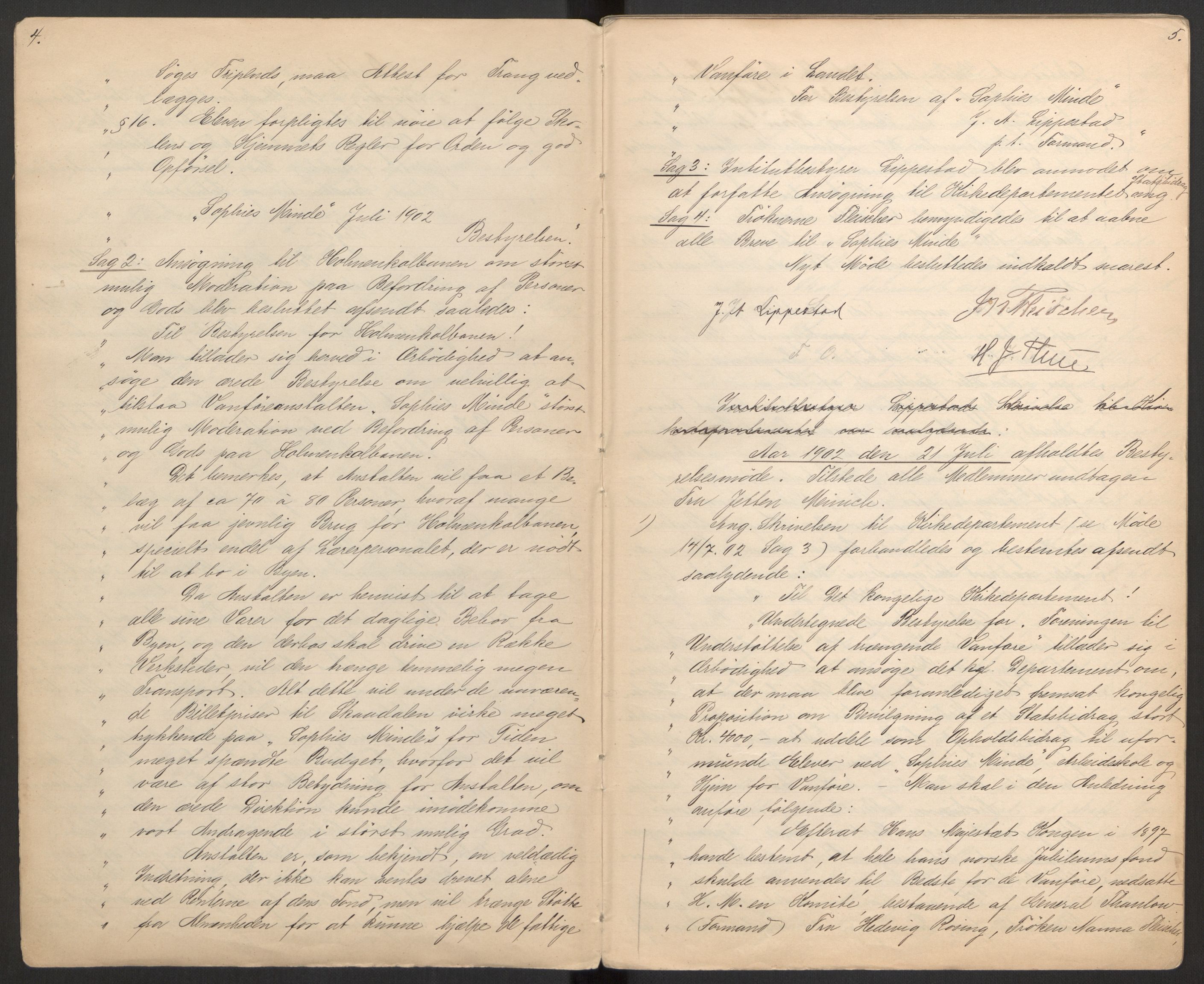 Sophies Minde/Statens senter for ortopedi, AV/RA-S-1703/1/A/Aa/L0001/0002: Styreprotokoller for Sophies Minde / Forhandlingsprotokoll for Sophies Minde, 1902-1918, s. 4-5