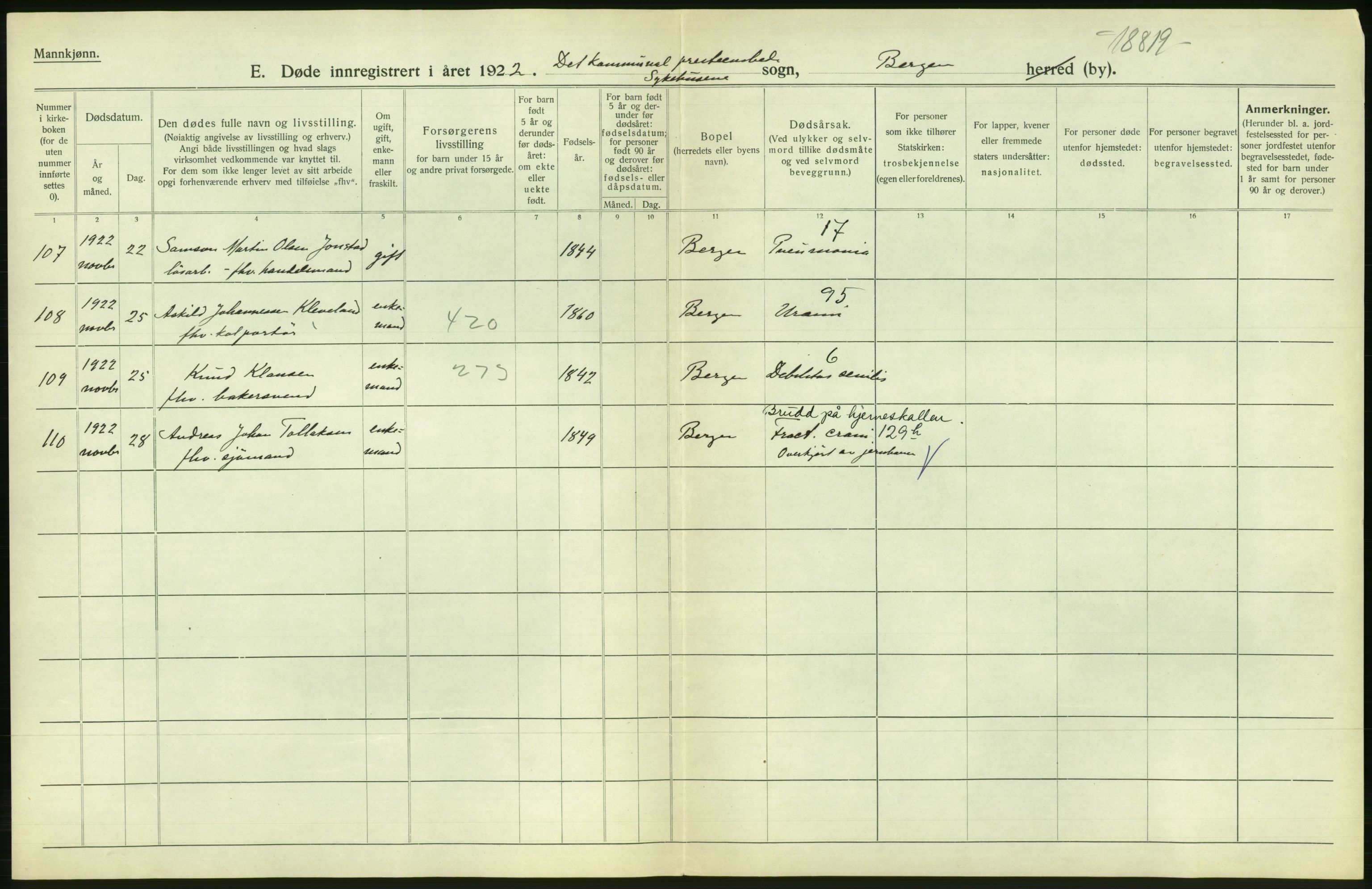 Statistisk sentralbyrå, Sosiodemografiske emner, Befolkning, AV/RA-S-2228/D/Df/Dfc/Dfcb/L0030: Bergen: Gifte, døde, dødfødte., 1922, s. 330