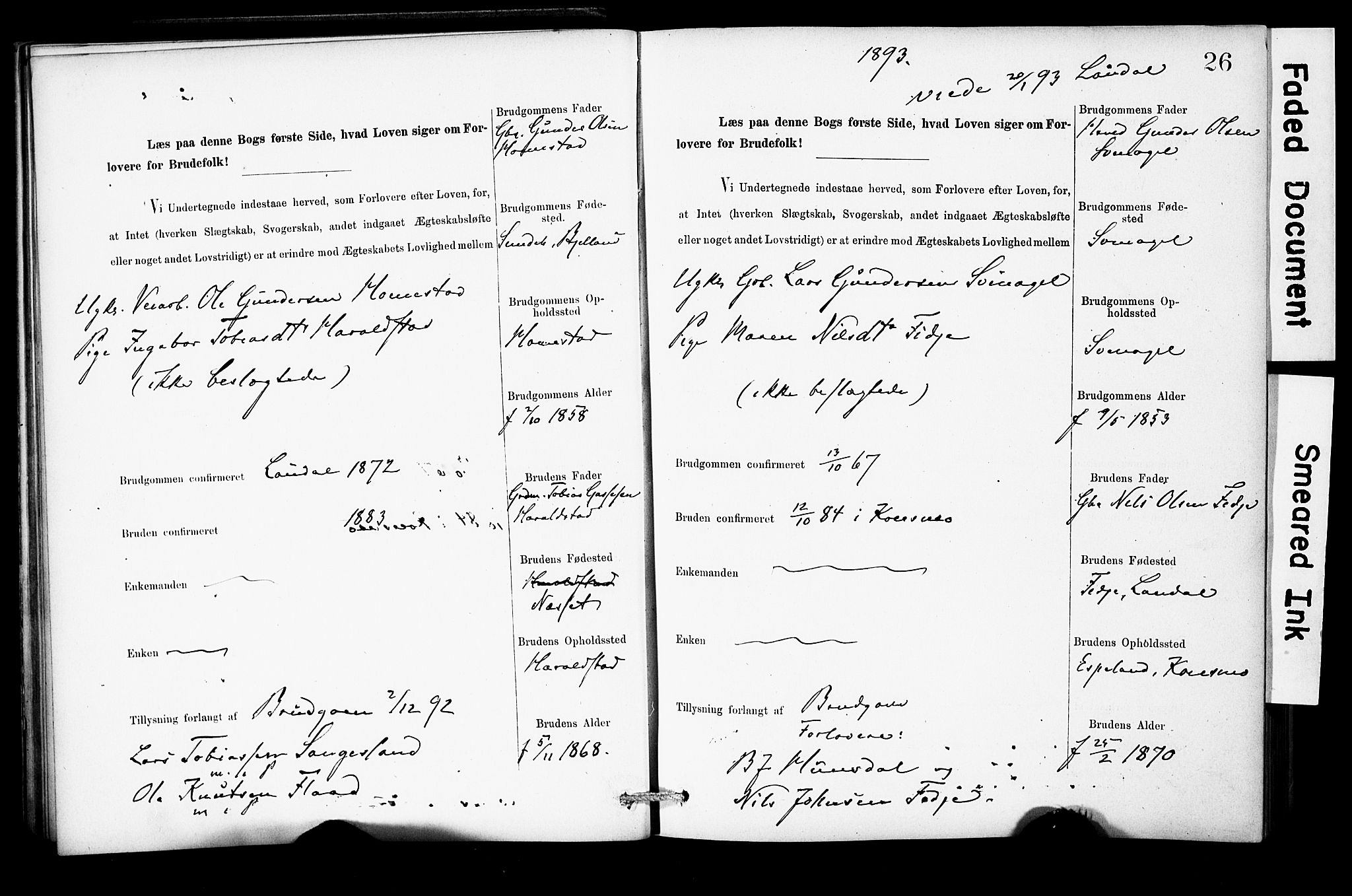 Holum sokneprestkontor, SAK/1111-0022/F/Fe/L0004: Lysningsprotokoll nr. II 5 4, 1890-1914, s. 26