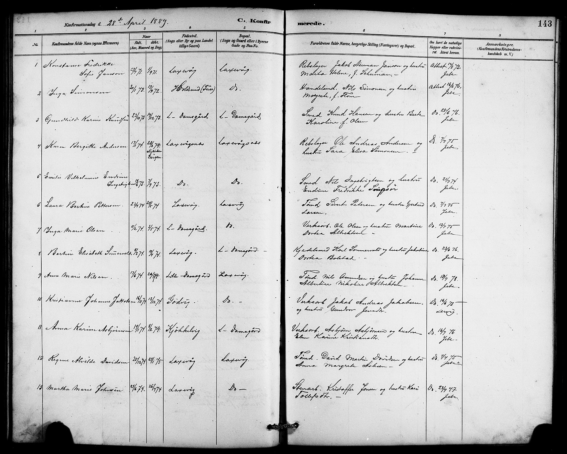 Laksevåg Sokneprestembete, AV/SAB-A-76501/H/Ha/Hab/Haba/L0003: Klokkerbok nr. A 3, 1887-1899, s. 143