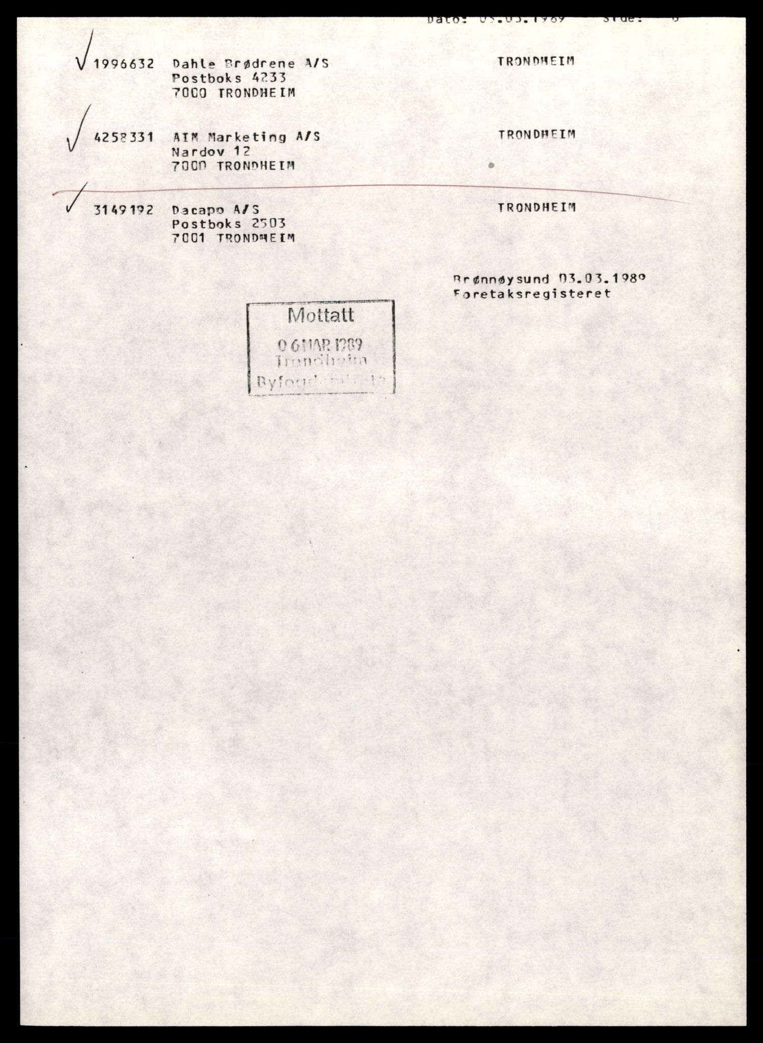 Trondheim byfogd, AV/SAT-A-0003/2/J/Jd/Jdb/L0110: Aksjeselskap, andelslag og borettslag, A-C, 1989-1990, s. 3