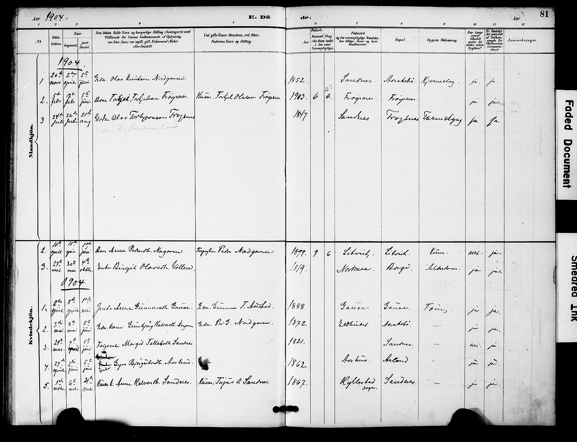 Bygland sokneprestkontor, AV/SAK-1111-0006/F/Fa/Fac/L0001: Ministerialbok nr. A 1, 1885-1909, s. 81