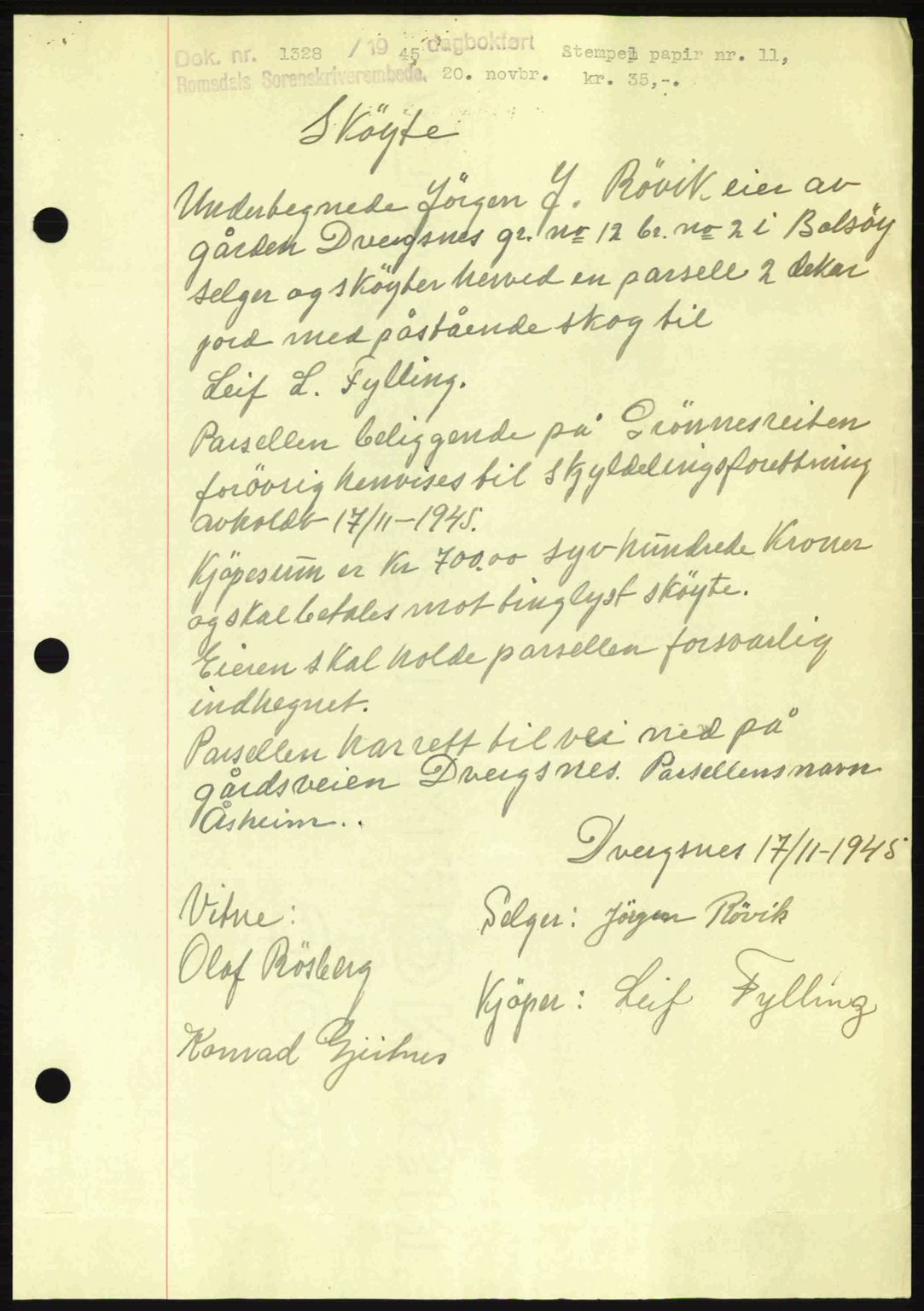 Romsdal sorenskriveri, SAT/A-4149/1/2/2C: Pantebok nr. A18, 1945-1945, Dagboknr: 1328/1945