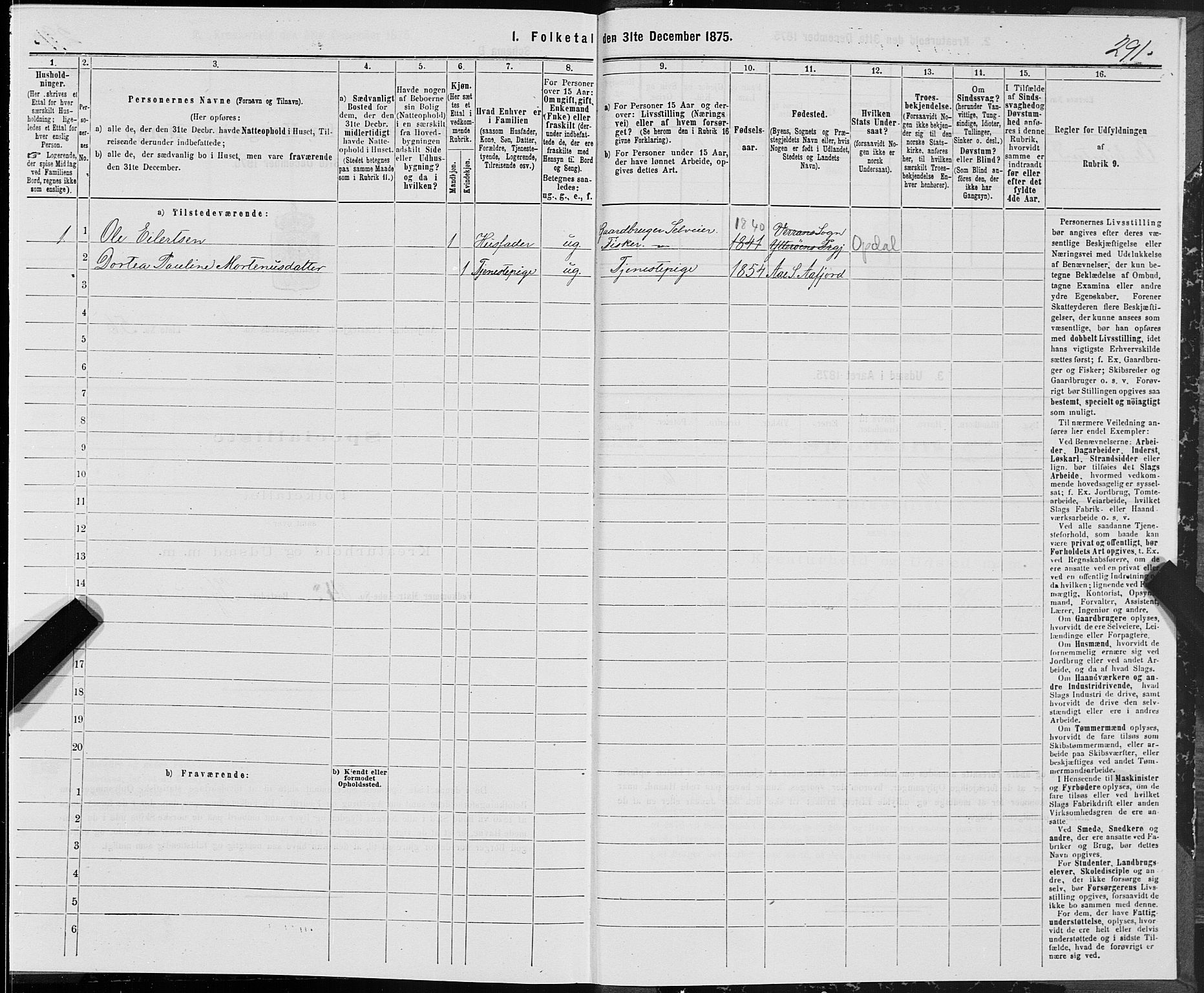 SAT, Folketelling 1875 for 1630P Aafjorden prestegjeld, 1875, s. 2291