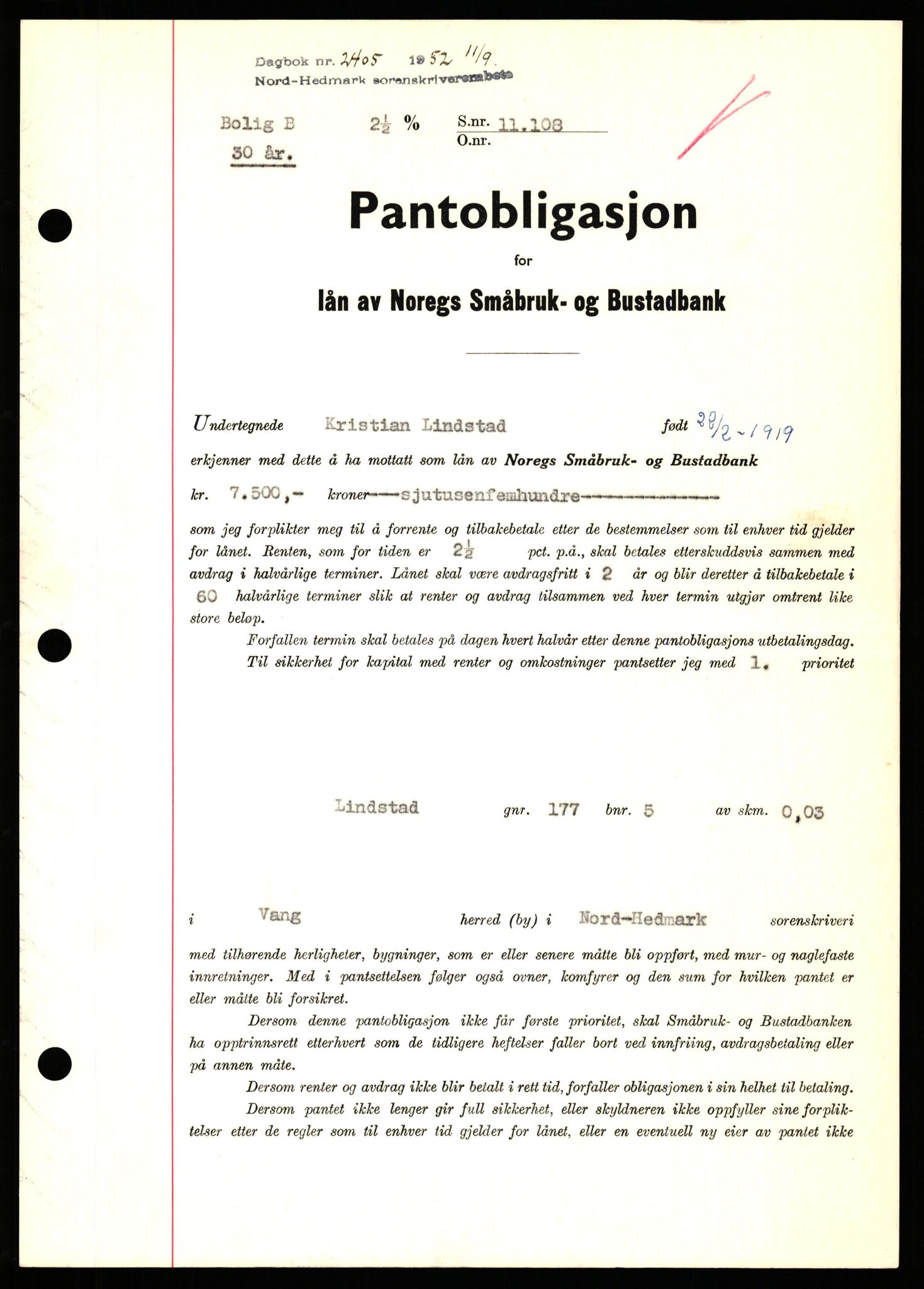 Nord-Hedmark sorenskriveri, SAH/TING-012/H/Hb/Hbf/L0025: Pantebok nr. B25, 1952-1952, Dagboknr: 2405/1952