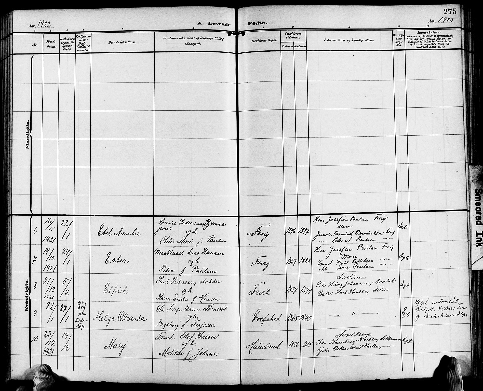 Fjære sokneprestkontor, AV/SAK-1111-0011/F/Fb/L0012: Klokkerbok nr. B 12, 1902-1925, s. 275