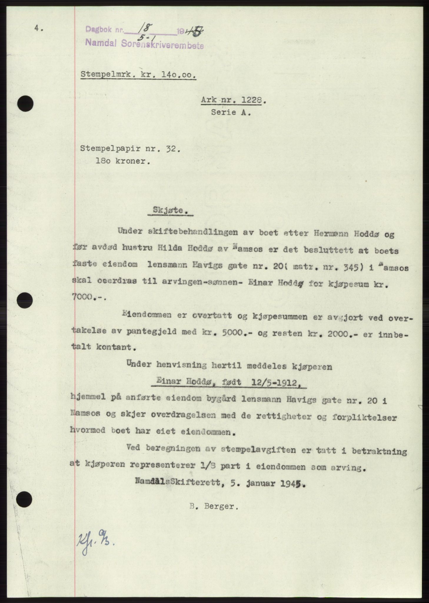 Namdal sorenskriveri, SAT/A-4133/1/2/2C: Pantebok nr. -, 1944-1945, Dagboknr: 18/1945