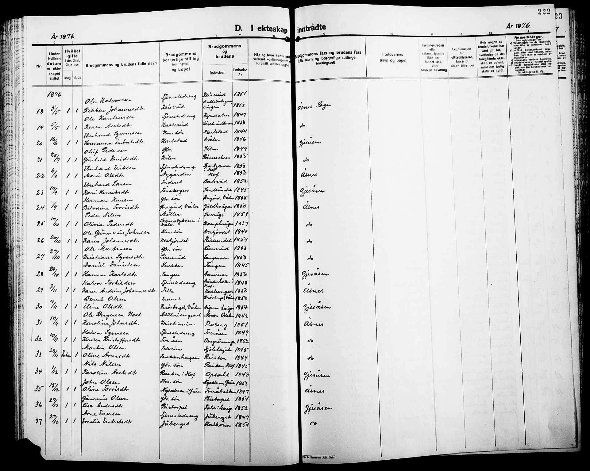 Åsnes prestekontor, AV/SAH-PREST-042/H/Ha/Haa/L0000B: Ministerialbok, 1870-1889, s. 222