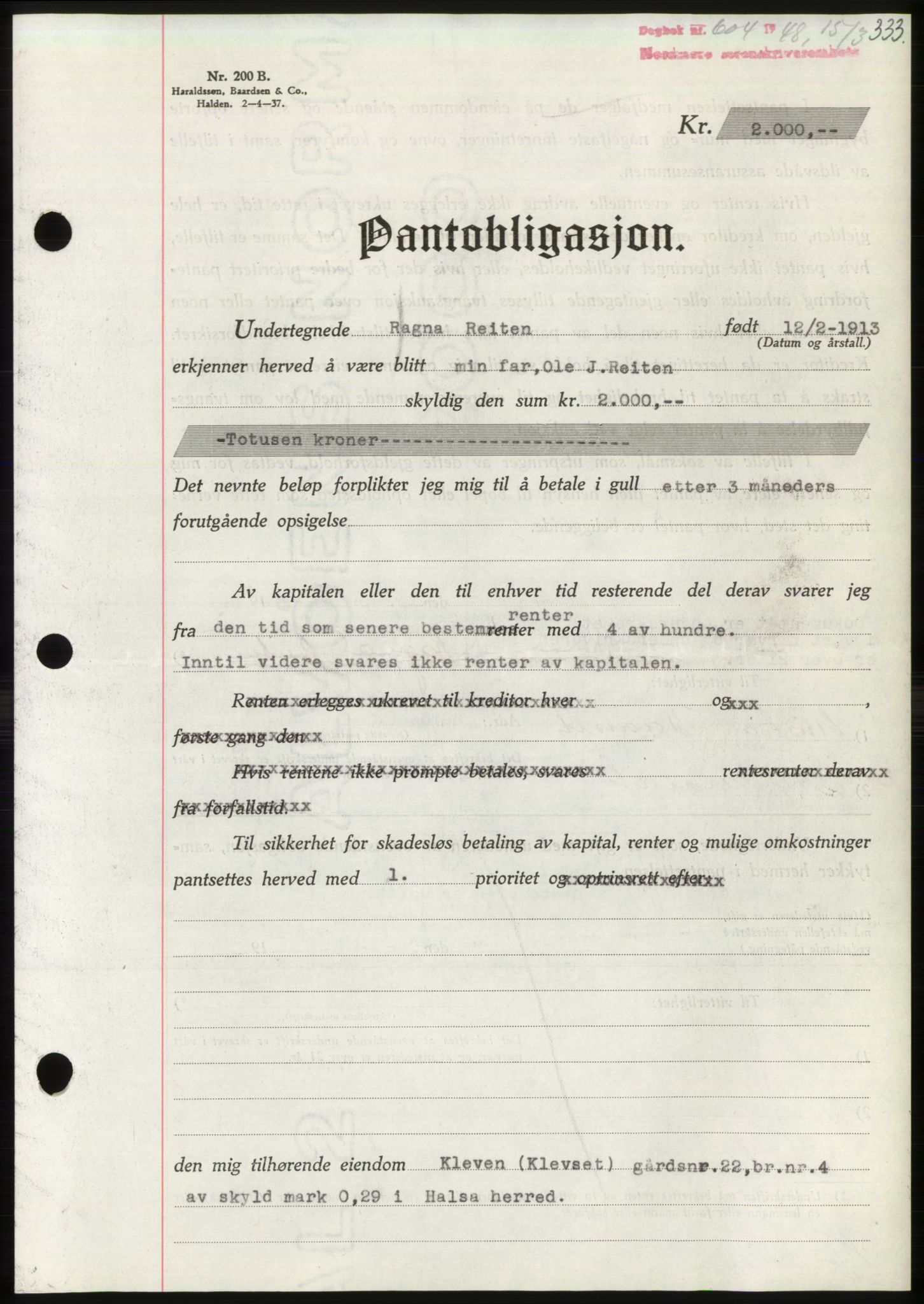 Nordmøre sorenskriveri, AV/SAT-A-4132/1/2/2Ca: Pantebok nr. B98, 1948-1948, Dagboknr: 604/1948