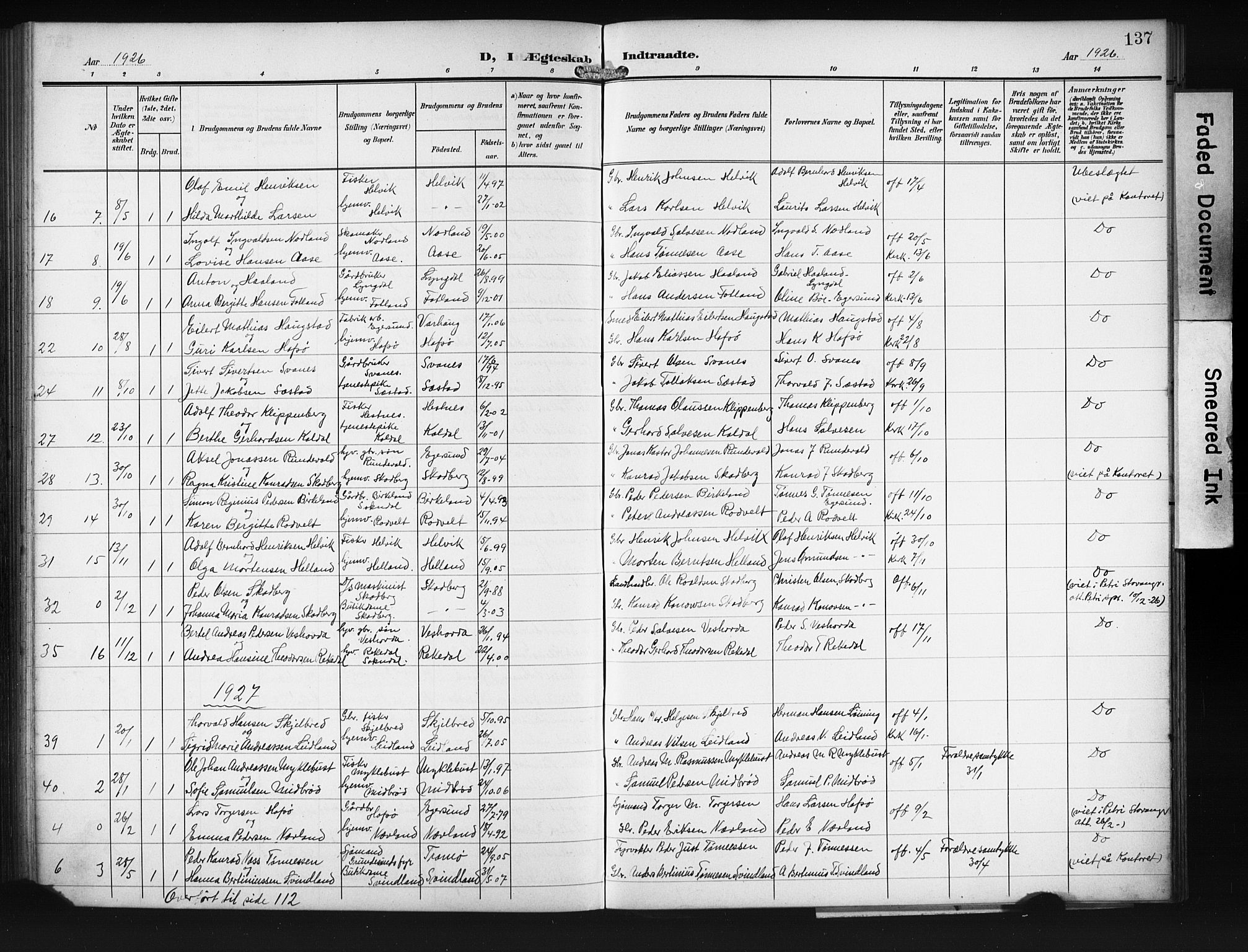 Eigersund sokneprestkontor, SAST/A-101807/S09/L0011: Klokkerbok nr. B 11, 1908-1930, s. 137