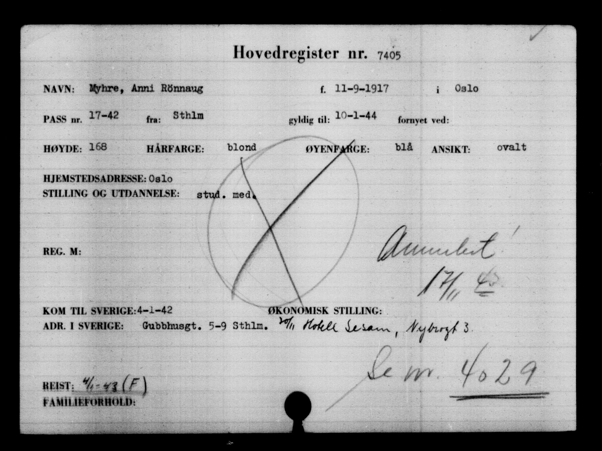 Utenriksstasjonene, Legasjonen i Stockholm, Flyktningkontoret, AV/RA-S-6753/V/Va/L0005: Kjesäterkartoteket, flyktninger med registreringsnr. 6600-9417, 1940-1945, s. 944