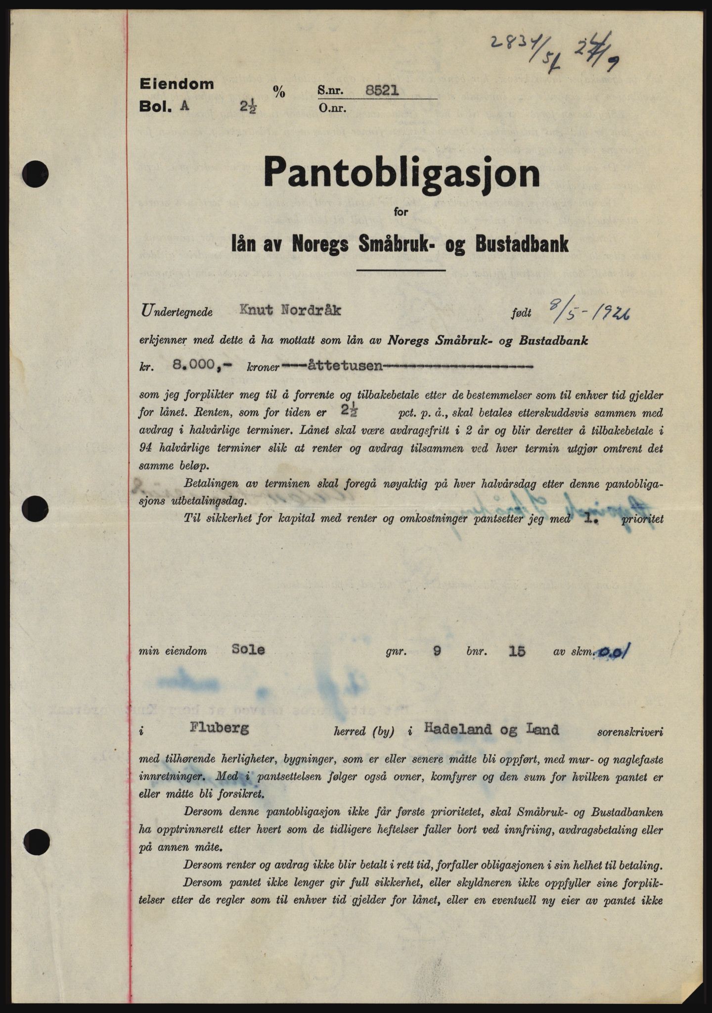 Hadeland og Land tingrett, SAH/TING-010/H/Hb/Hbc/L0022: Pantebok nr. B22, 1951-1951, Dagboknr: 2834/1951