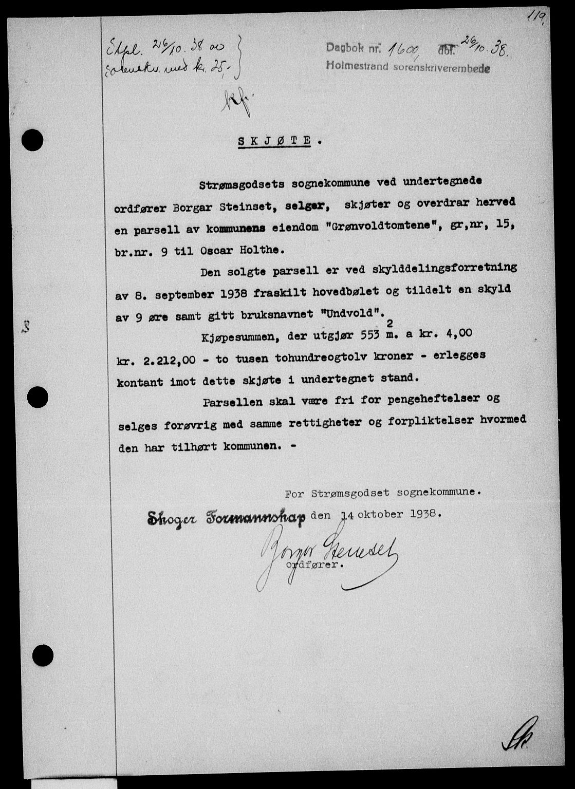 Holmestrand sorenskriveri, SAKO/A-67/G/Ga/Gaa/L0050: Pantebok nr. A-50, 1938-1939, Dagboknr: 1600/1938