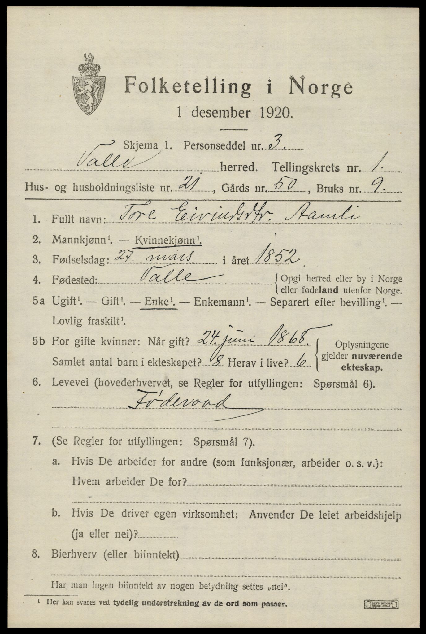 SAK, Folketelling 1920 for 0940 Valle herred, 1920, s. 691