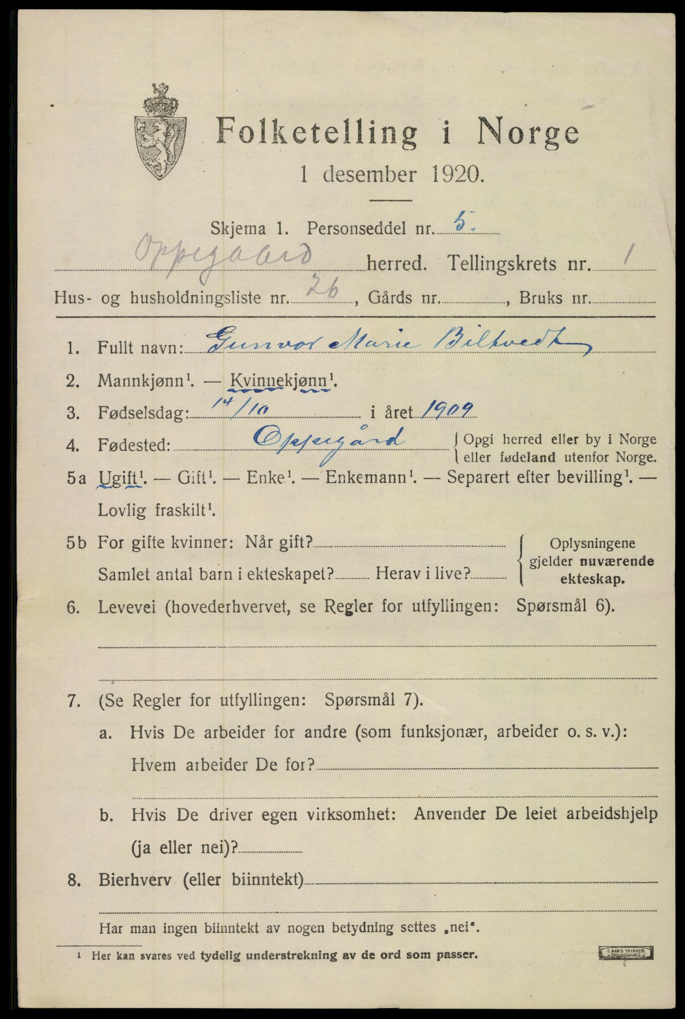 SAO, Folketelling 1920 for 0217 Oppegård herred, 1920, s. 1603