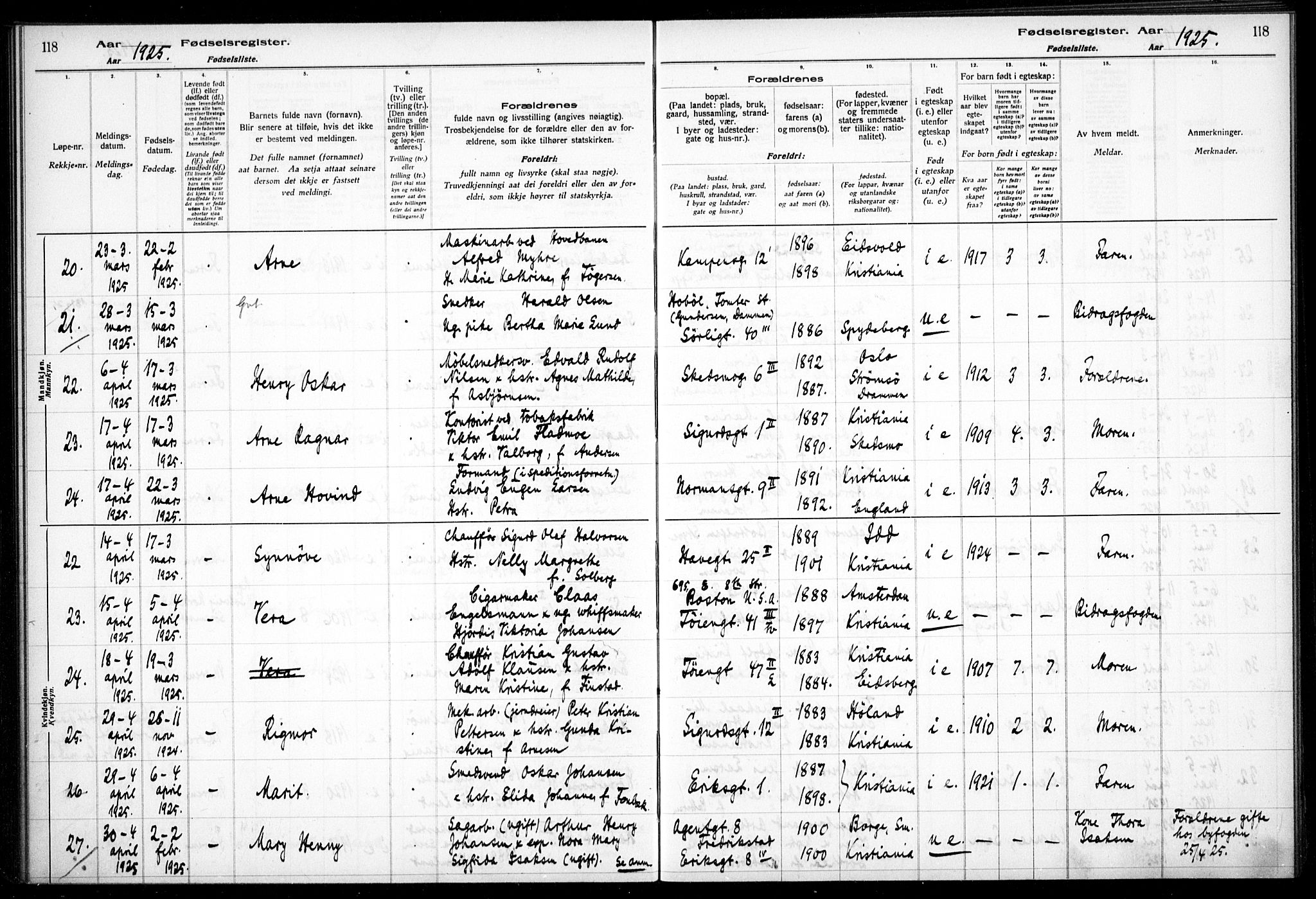 Kampen prestekontor Kirkebøker, AV/SAO-A-10853/J/Ja/L0002: Fødselsregister nr. 2, 1920-1935, s. 118