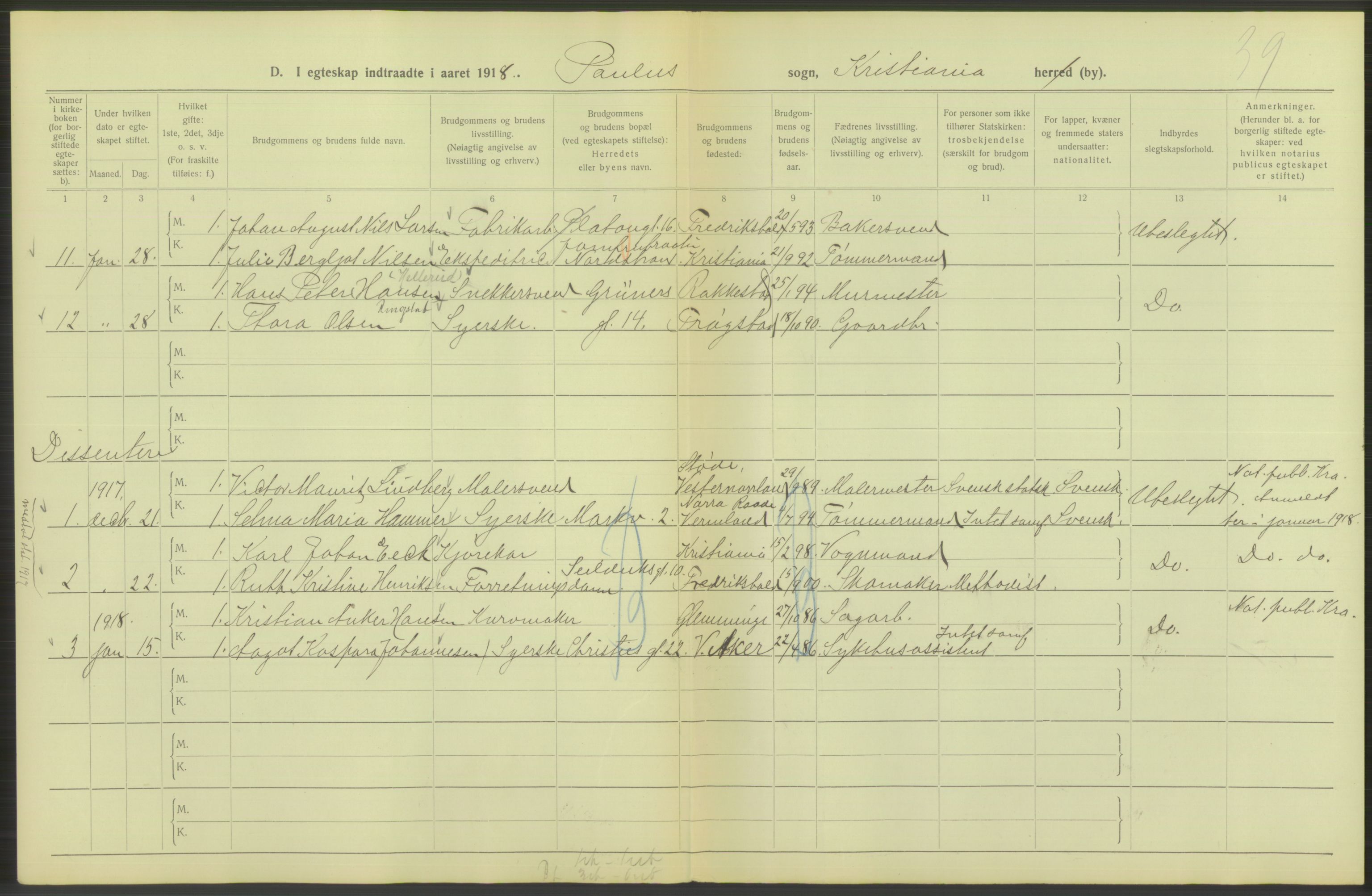 Statistisk sentralbyrå, Sosiodemografiske emner, Befolkning, AV/RA-S-2228/D/Df/Dfb/Dfbh/L0009: Kristiania: Gifte, 1918, s. 692