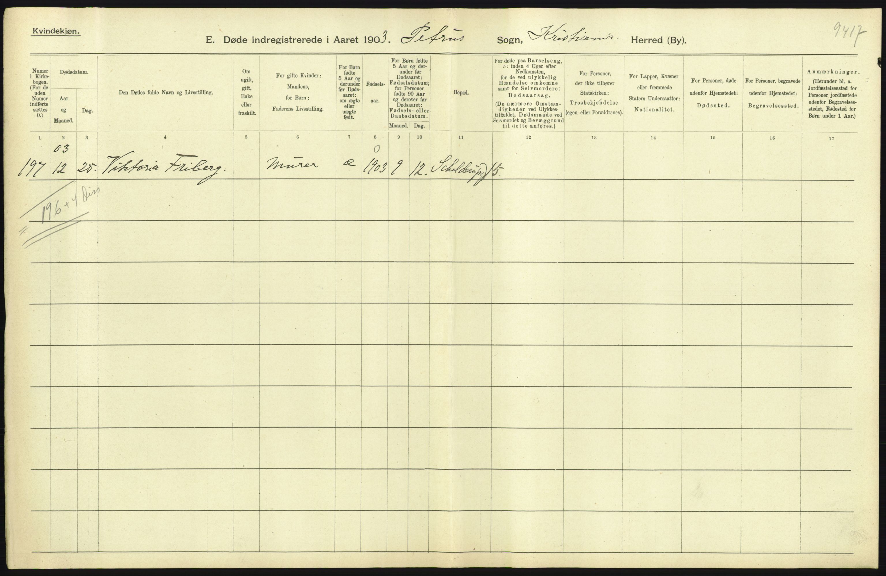 Statistisk sentralbyrå, Sosiodemografiske emner, Befolkning, AV/RA-S-2228/D/Df/Dfa/Dfaa/L0004: Kristiania: Gifte, døde, 1903, s. 369