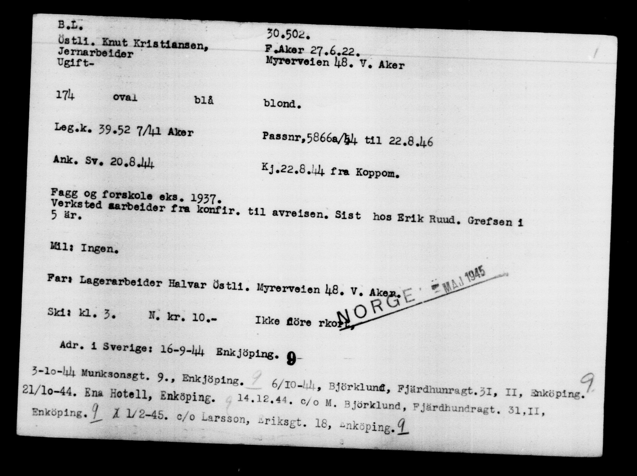 Utenriksstasjonene, Legasjonen i Stockholm, Flyktningkontoret, AV/RA-S-6753/V/Va/L0012: Kjesäterkartoteket, flyktninger med registreringsnr. 28300-31566, 1940-1945, s. 2405