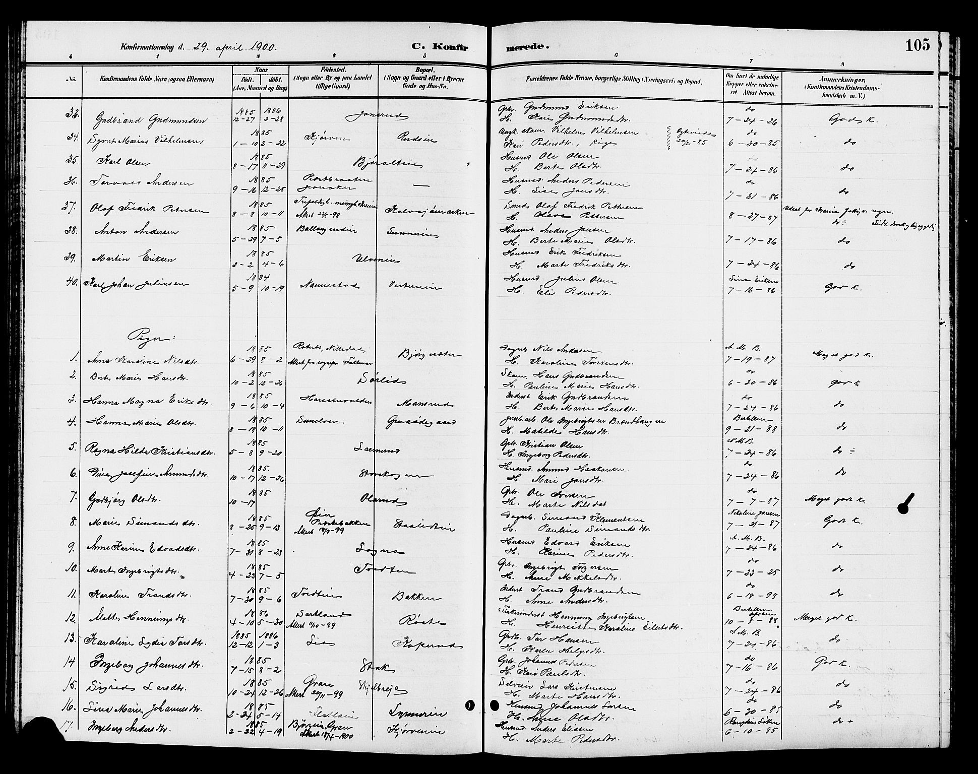 Jevnaker prestekontor, AV/SAH-PREST-116/H/Ha/Hab/L0003: Klokkerbok nr. 3, 1896-1909, s. 105