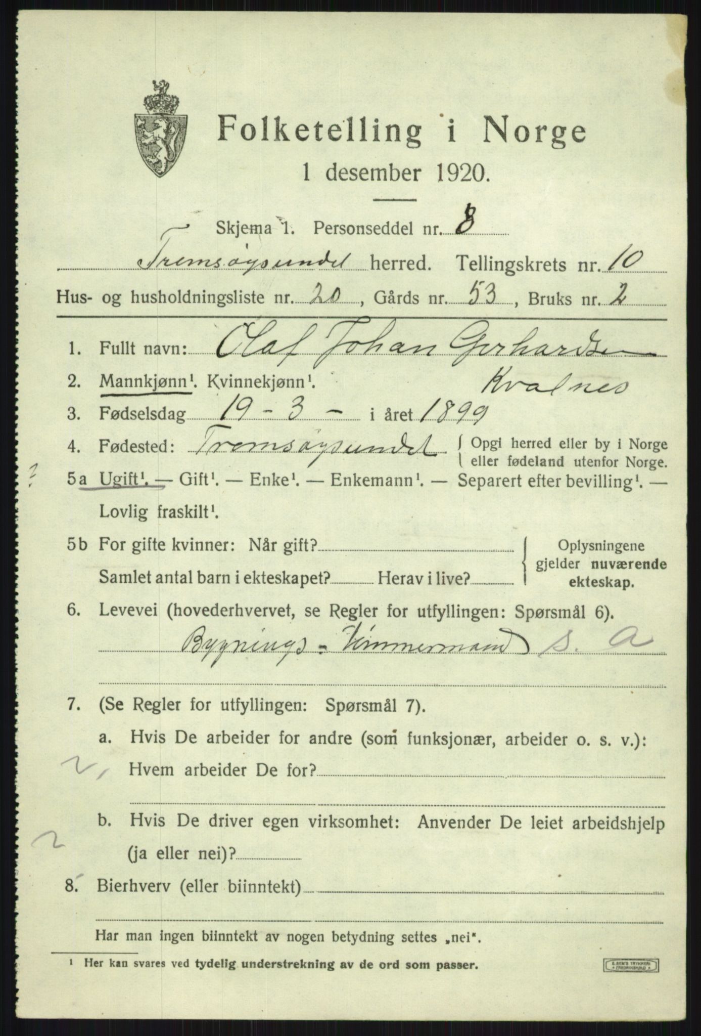 SATØ, Folketelling 1920 for 1934 Tromsøysund herred, 1920, s. 7206