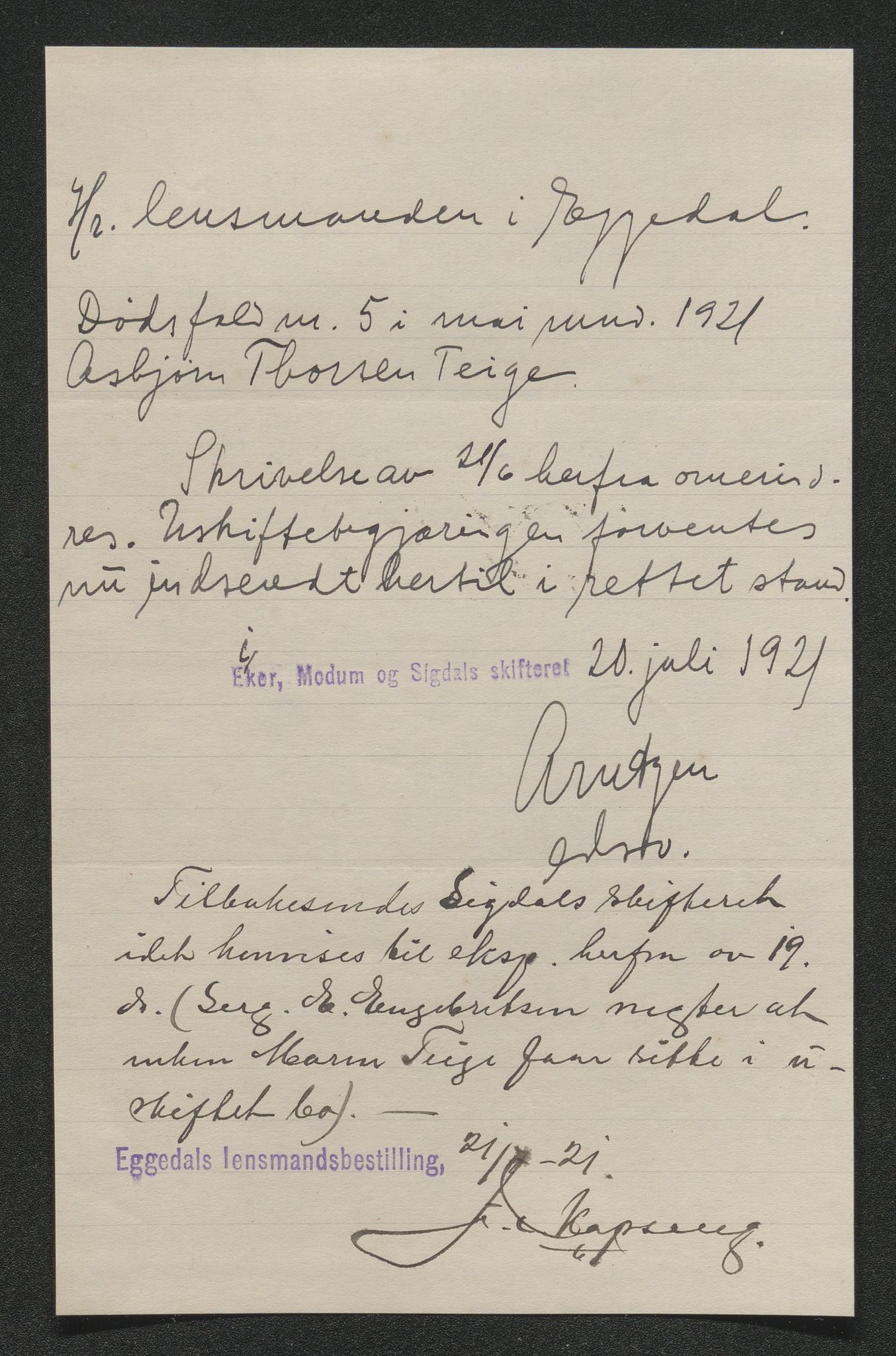 Eiker, Modum og Sigdal sorenskriveri, AV/SAKO-A-123/H/Ha/Hab/L0040: Dødsfallsmeldinger, 1920-1921, s. 1231