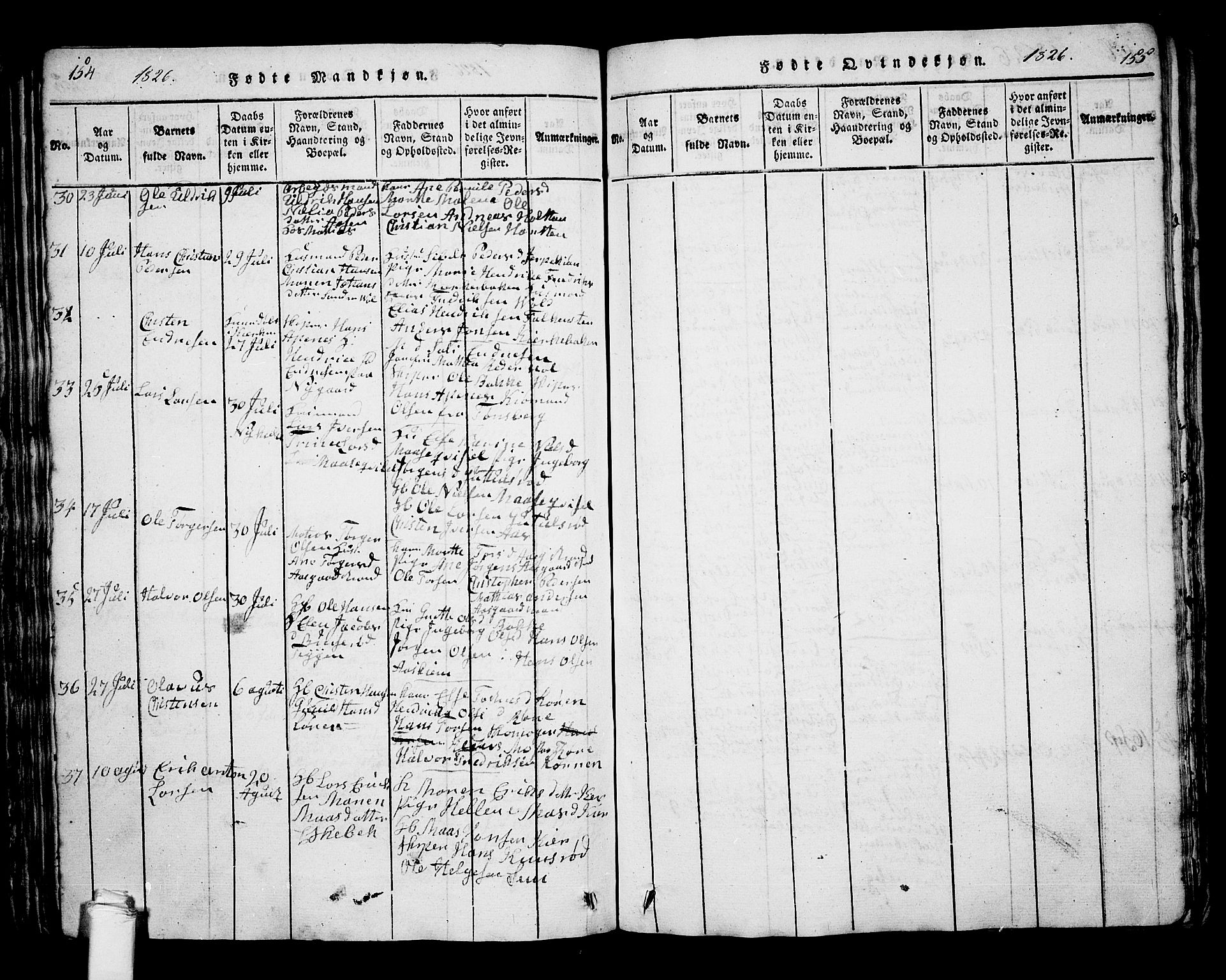 Borre kirkebøker, AV/SAKO-A-338/G/Ga/L0001: Klokkerbok nr. I 1, 1815-1851, s. 154-155