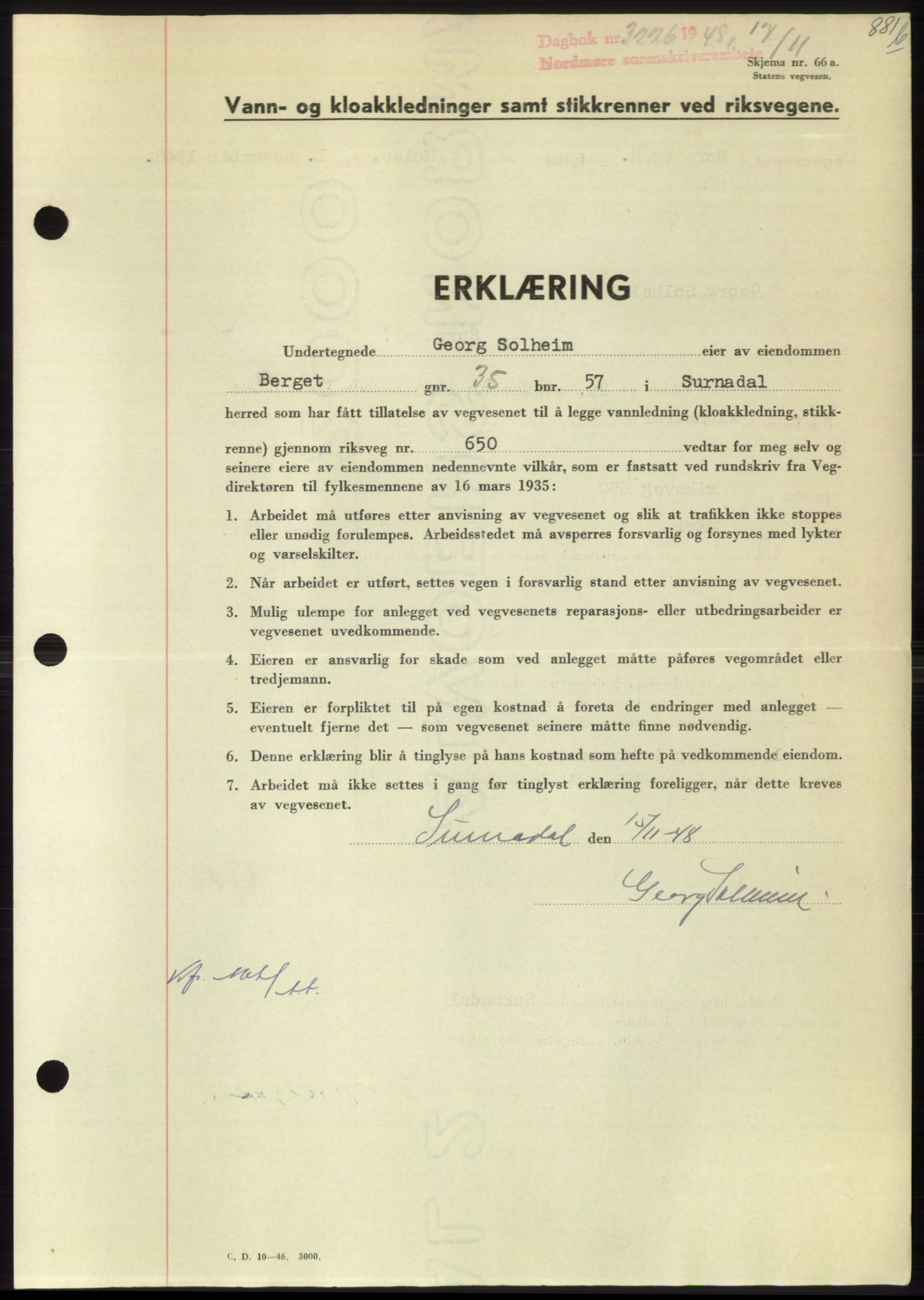 Nordmøre sorenskriveri, SAT/A-4132/1/2/2Ca: Pantebok nr. B100, 1948-1949, Dagboknr: 3226/1948
