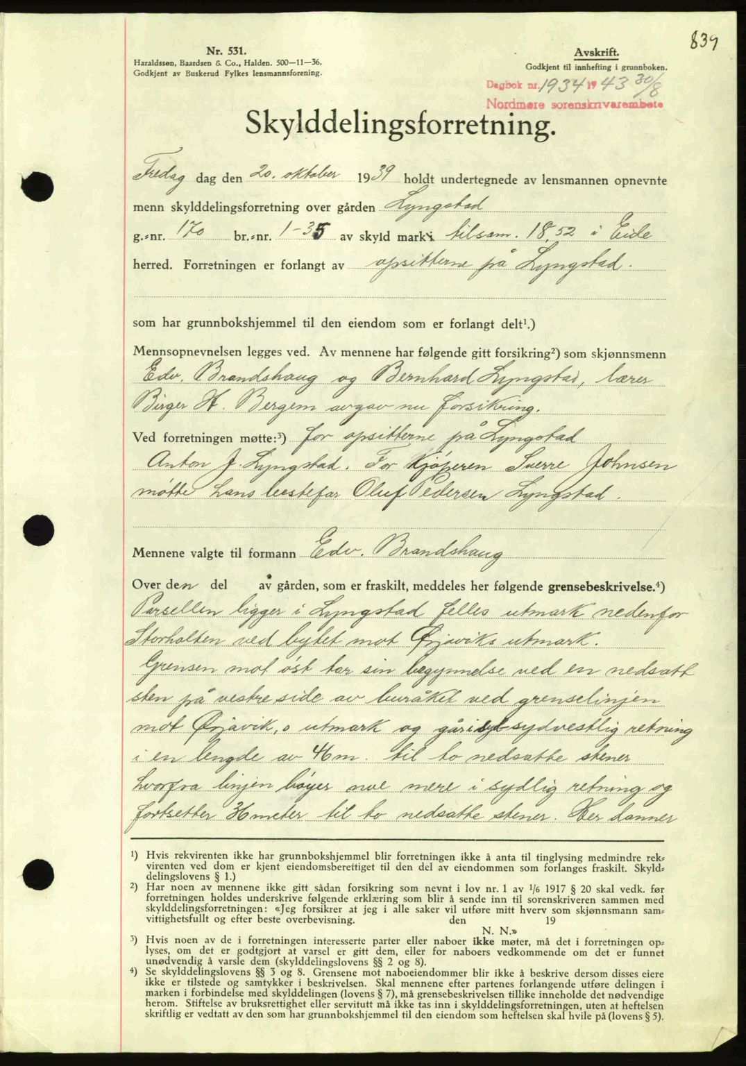 Nordmøre sorenskriveri, AV/SAT-A-4132/1/2/2Ca: Pantebok nr. A95, 1943-1943, Dagboknr: 1934/1943