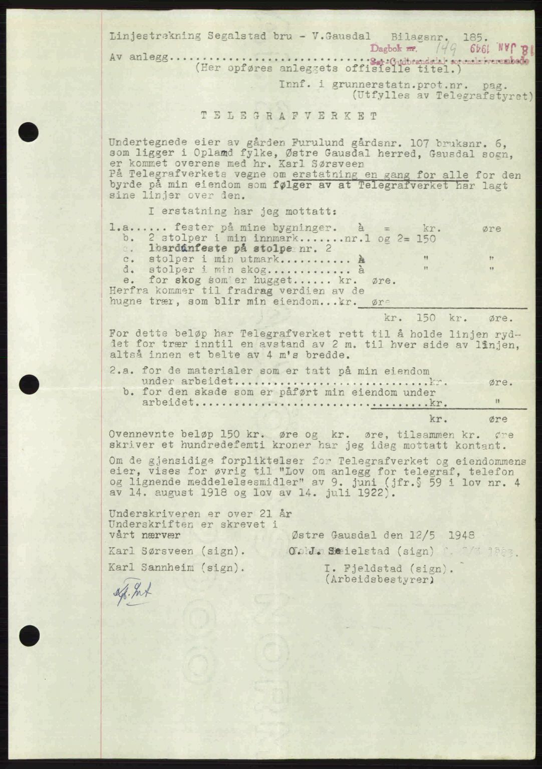 Sør-Gudbrandsdal tingrett, SAH/TING-004/H/Hb/Hbd/L0024: Pantebok nr. A24, 1948-1949, Dagboknr: 149/1949