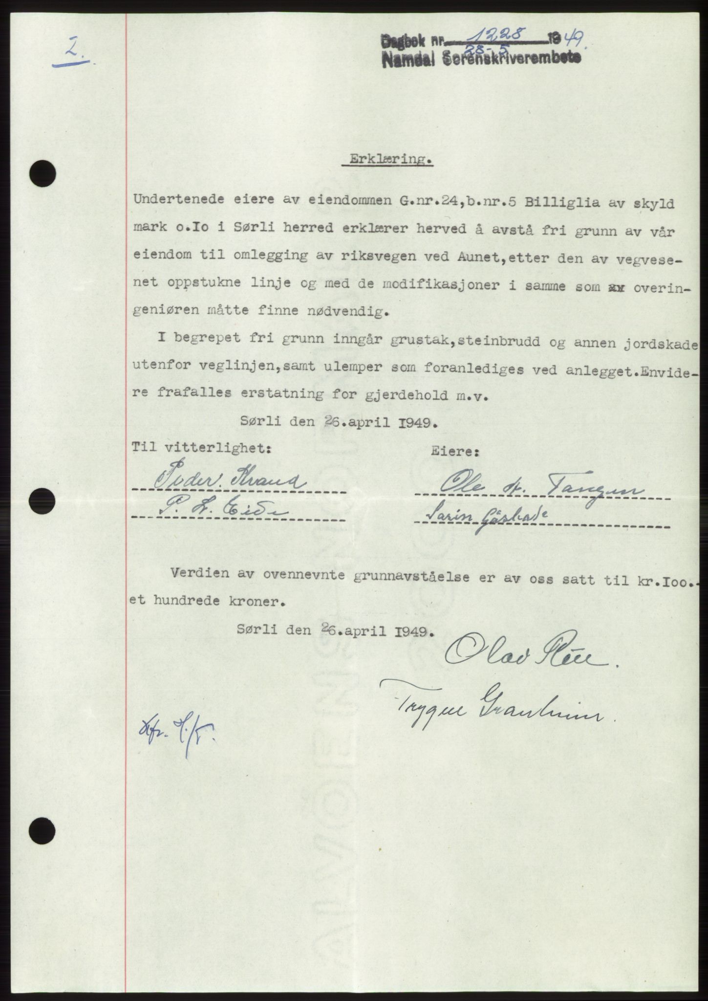 Namdal sorenskriveri, SAT/A-4133/1/2/2C: Pantebok nr. -, 1949-1949, Dagboknr: 1228/1949