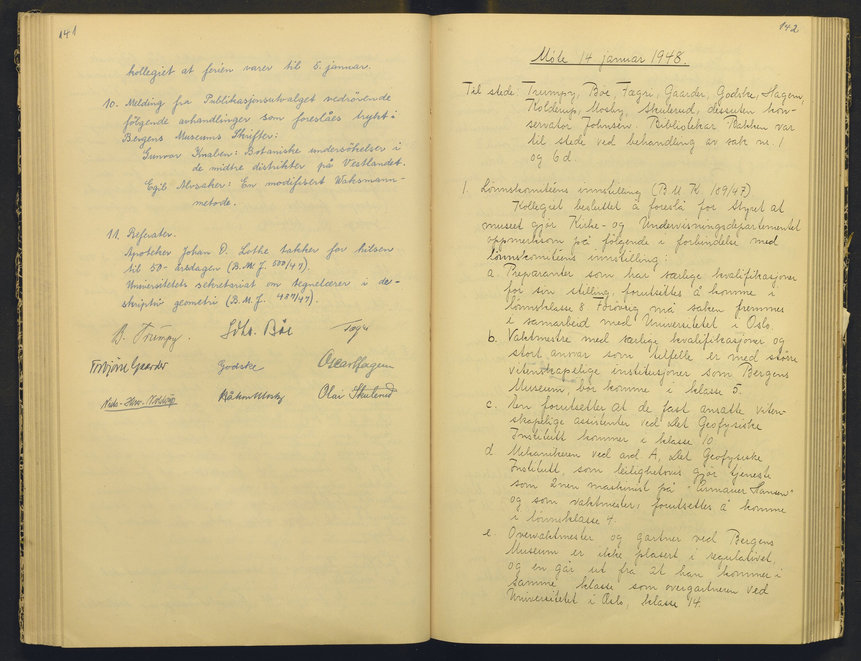 Bergens Museum, AV/SAB-A-17301/18/A/L0004: Professorkollegiets møtebok med register , 1945-1949, s. 141-142