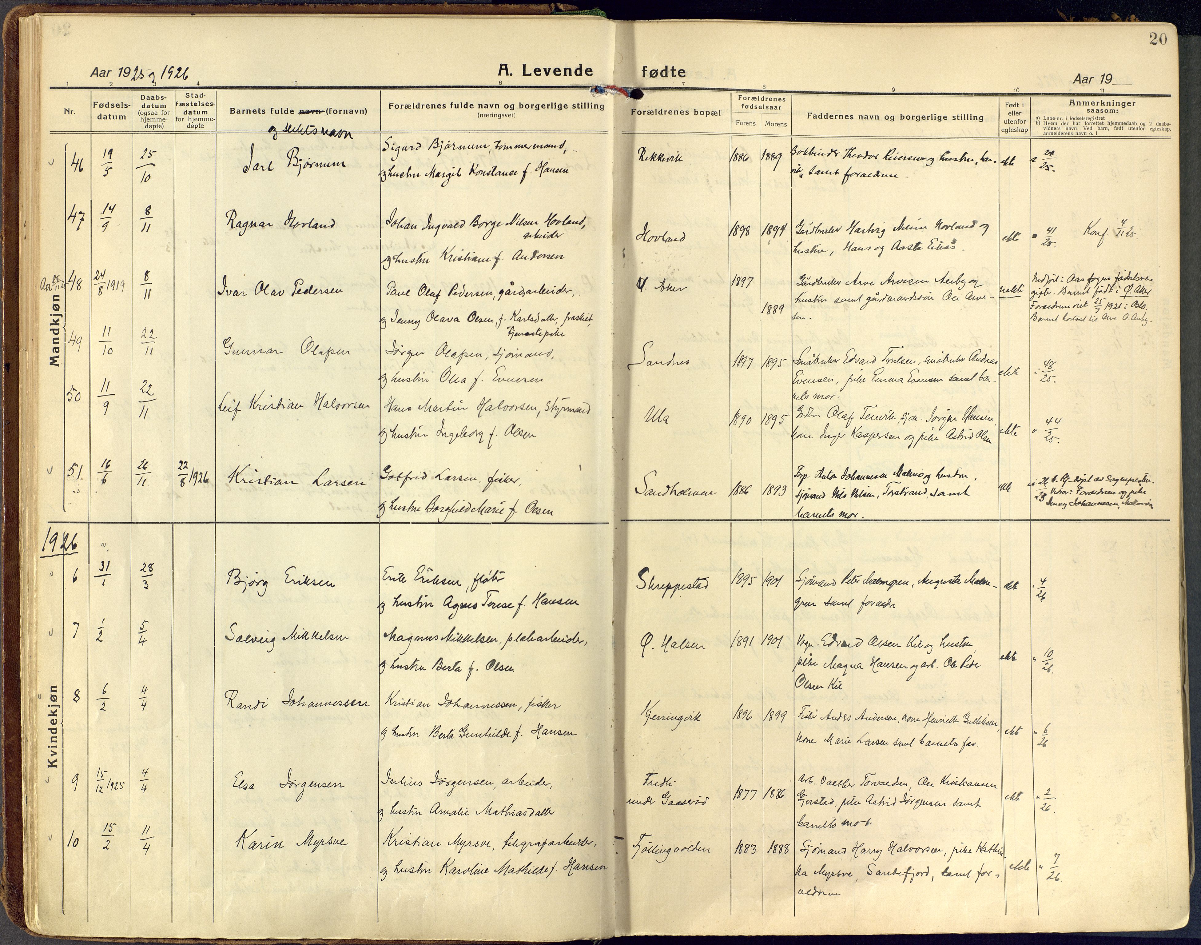 Tjølling kirkebøker, AV/SAKO-A-60/F/Fa/L0011: Ministerialbok nr. 11, 1924-1943, s. 20